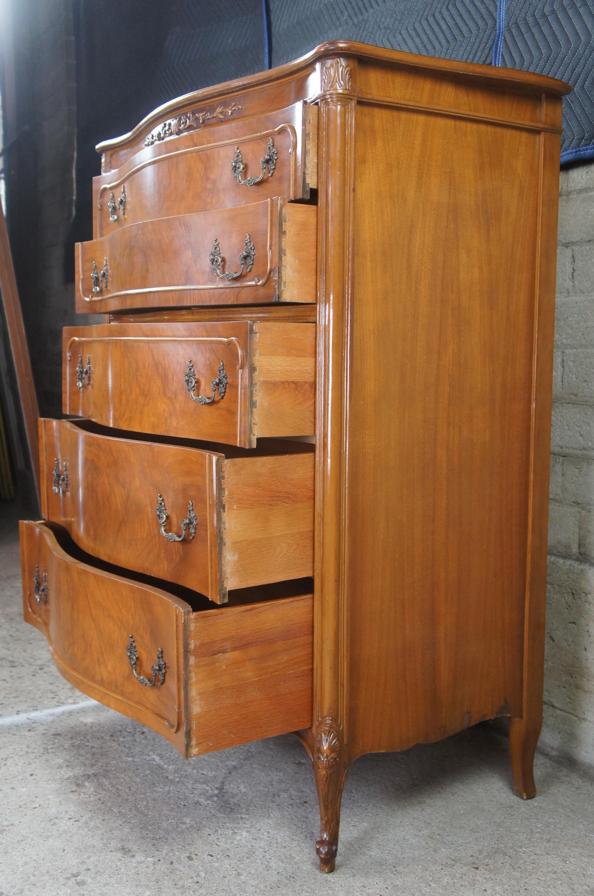 Mid-20th Century Antique Crotch Walnut French Provincial Louis XV Serpentine High Tallboy Dresser