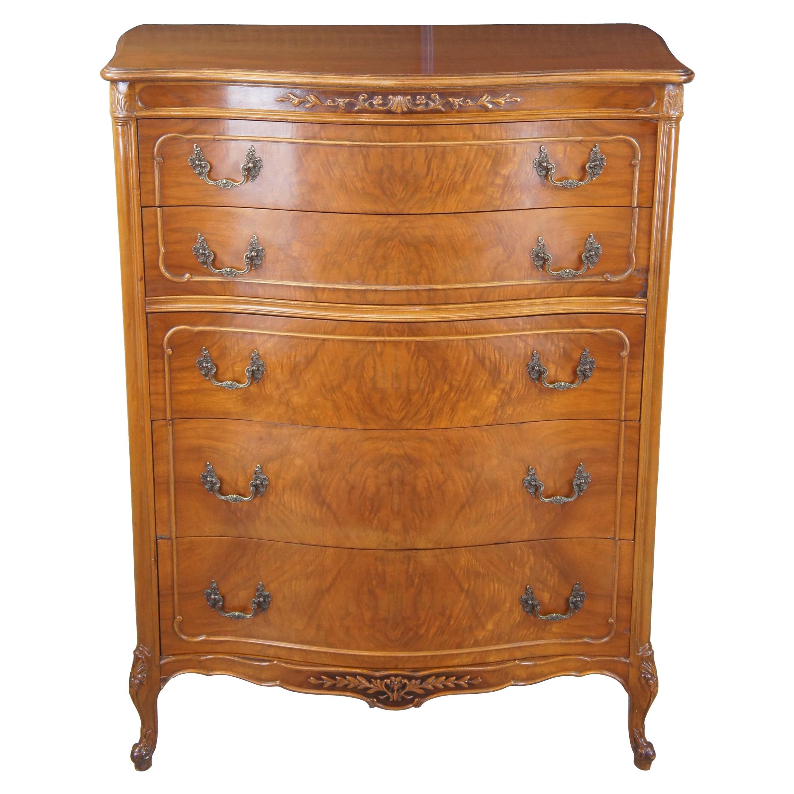 Antique Crotch Walnut French Provincial Louis XV Serpentine High Tallboy Dresser
