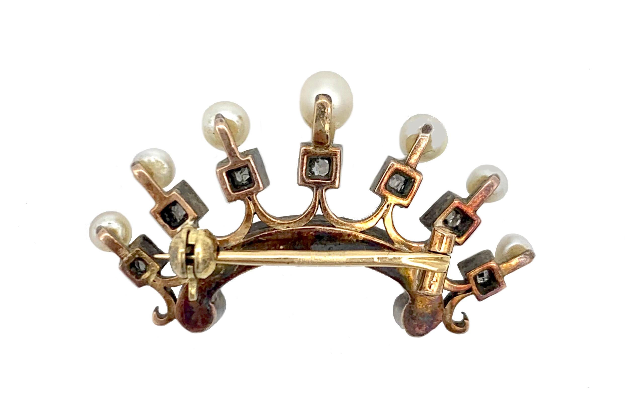 Victorian Antique Crown Brooch Diamonds Pearls Silver Gold For Sale