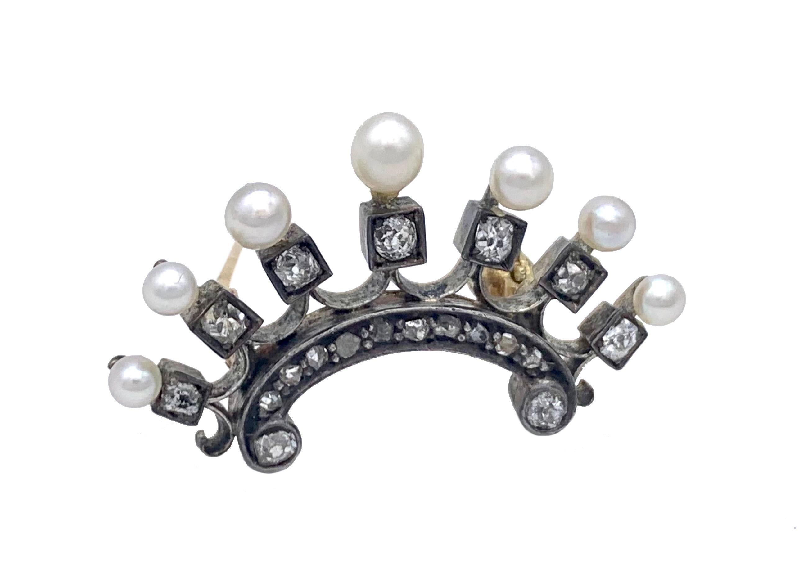 Mixed Cut Antique Crown Brooch Diamonds Pearls Silver Gold For Sale