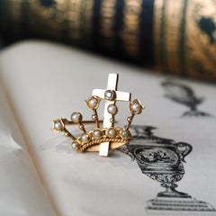 Antique Crown/Coronet Brooch Diamond & Pearls with Cross 15K Gold - c.1890