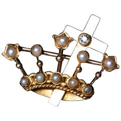 Antique Crown/Coronet Brooch Diamond & Pearls with Cross 15K Gold - c.1890