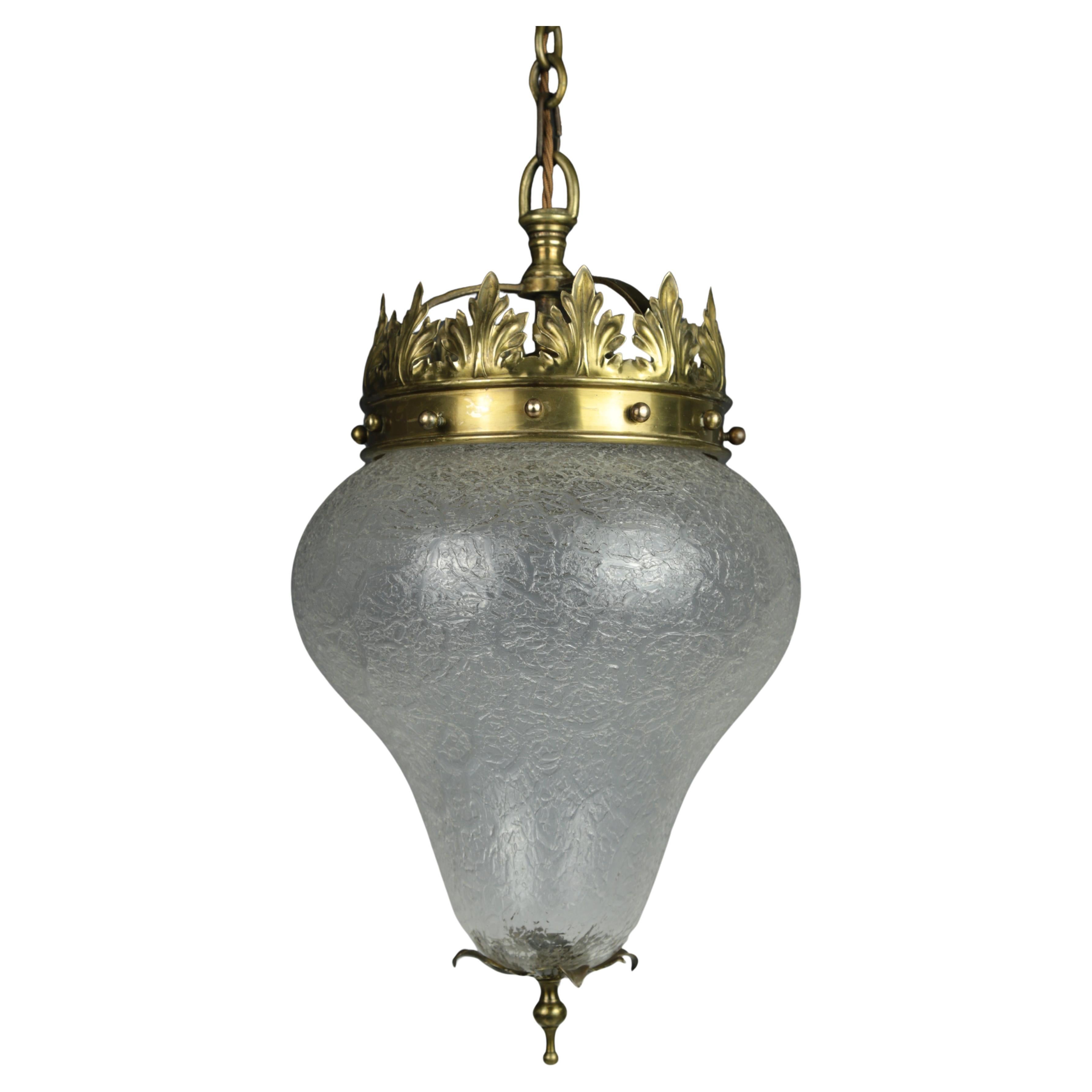 Antique Crown Pendant Light with Cracked Glass Teardrop Globe