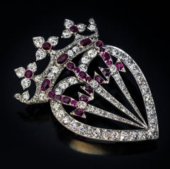 Antique Crowned Heart Diamond Ruby Symbolic Brooch Pendant