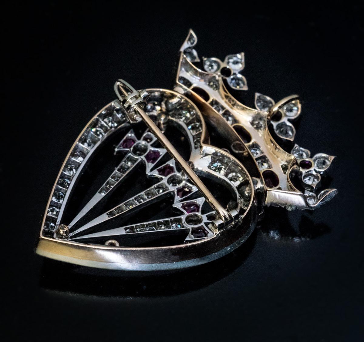 Antike Kronenherz-Diamant-Rubin-Symbol-Brosche-Anhänger (Viktorianisch)