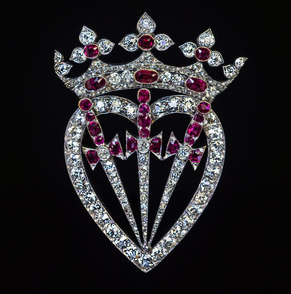 Victorian Antique Crowned Heart Diamond Ruby Symbolic Brooch Pendant