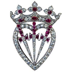 Antique Crowned Heart Diamond Ruby Symbolic Brooch Pendant