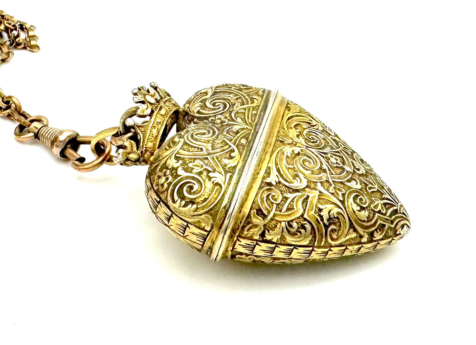 Victorian Antique Crowned Heart Pendant Box Locket Vinaigrette Silver Gilt Metal For Sale