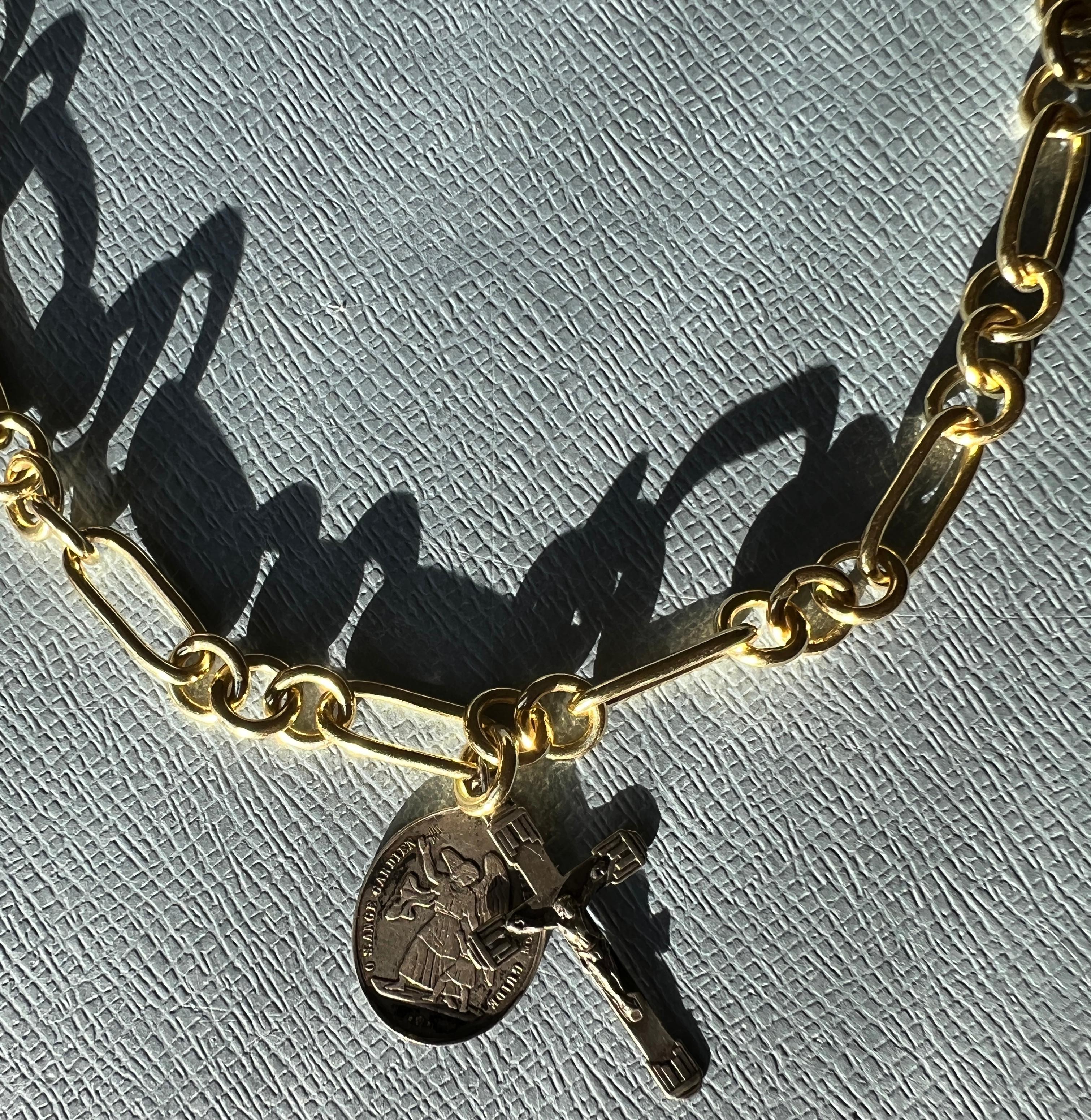 Antique Crucifix Medal Necklace Guardian Angel Silver Vintage French In New Condition In Los Angeles, CA