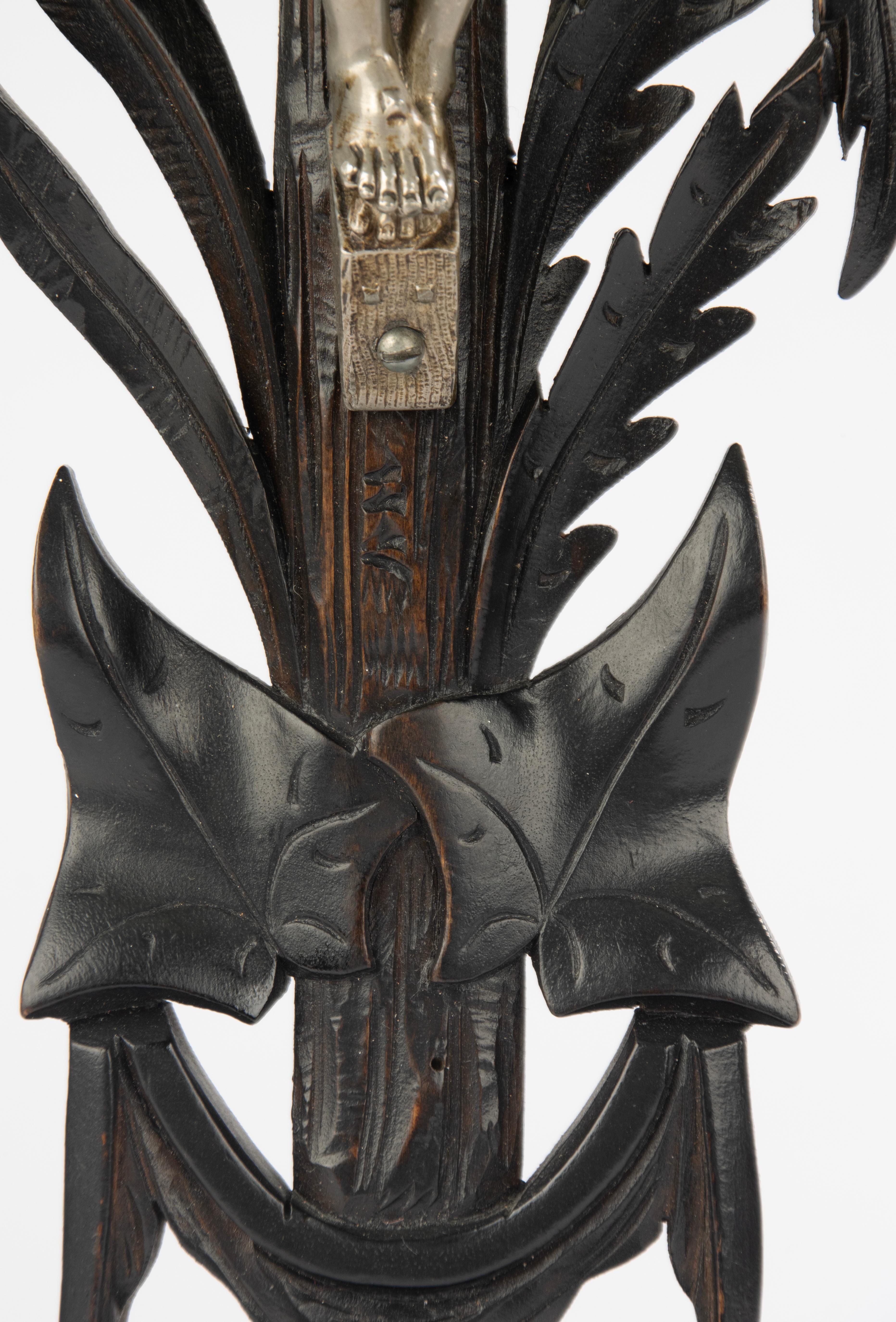 Hand-Carved Antique Crucifix Stand - Silver Plated Jesus Christ - Wood Carved Cross For Sale