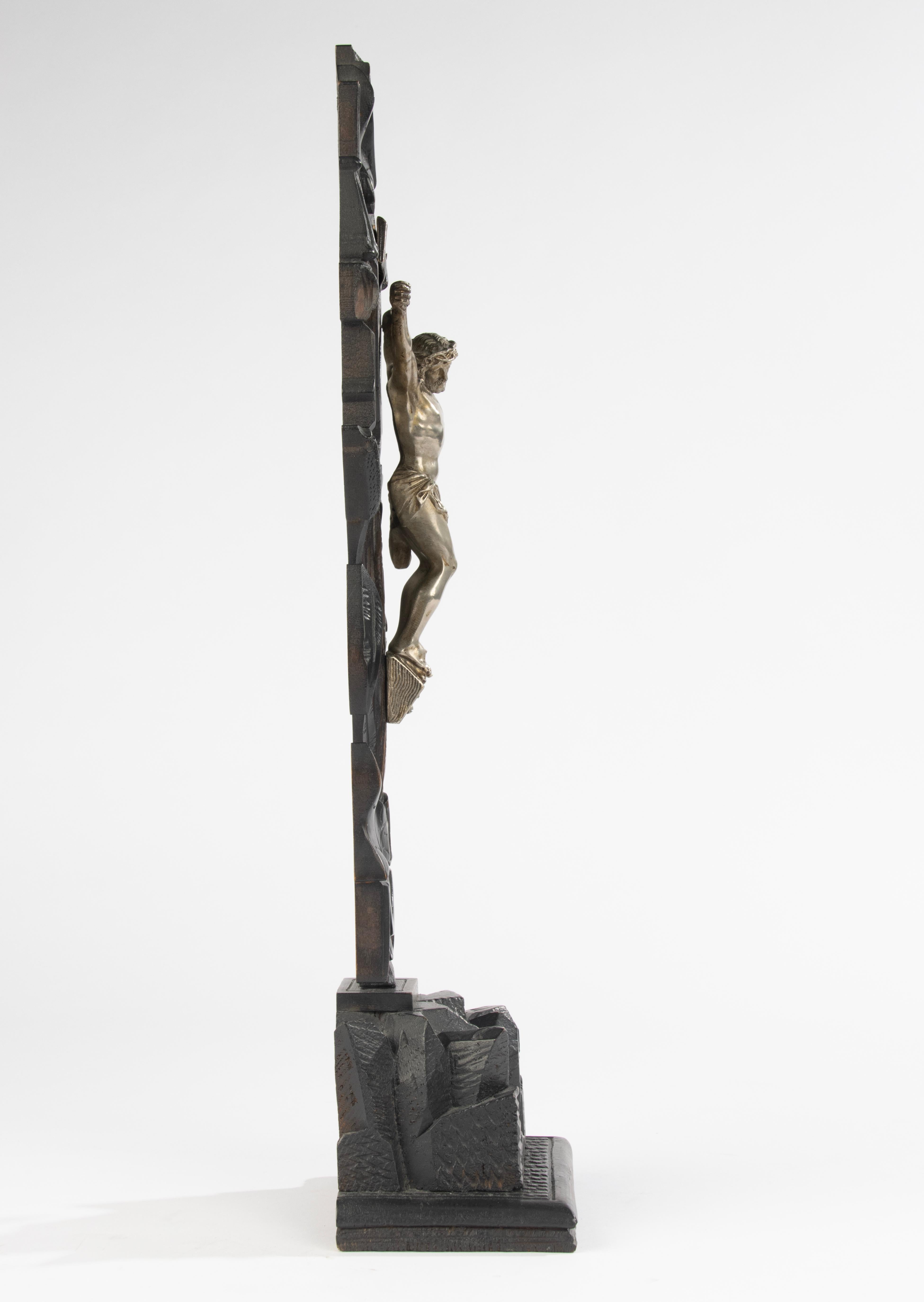 Brass Antique Crucifix Stand - Silver Plated Jesus Christ - Wood Carved Cross For Sale