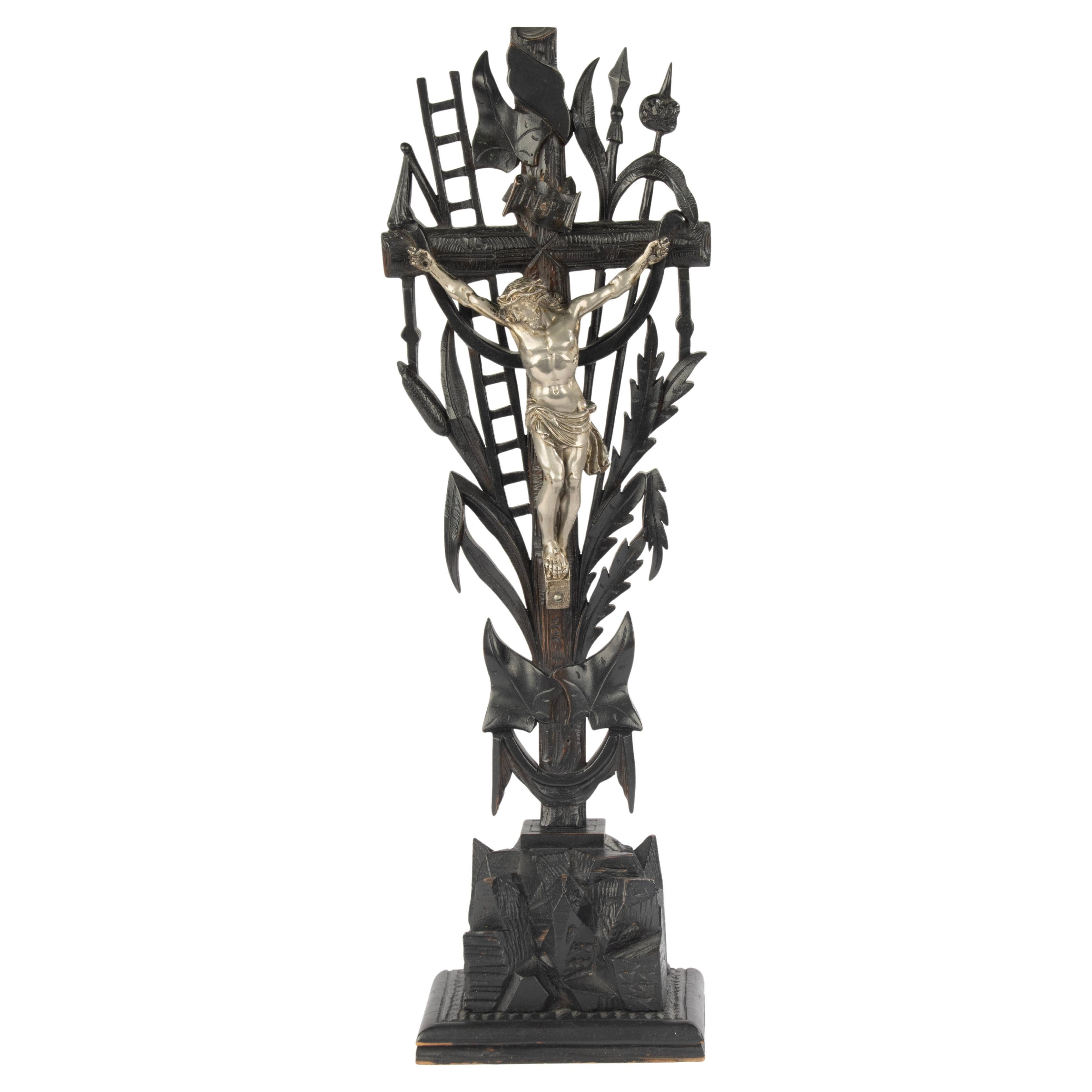 Antique Crucifix Stand - Silver Plated Jesus Christ - Wood Carved Cross