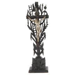 Antique Crucifix Stand - Silver Plated Jesus Christ - Wood Carved Cross