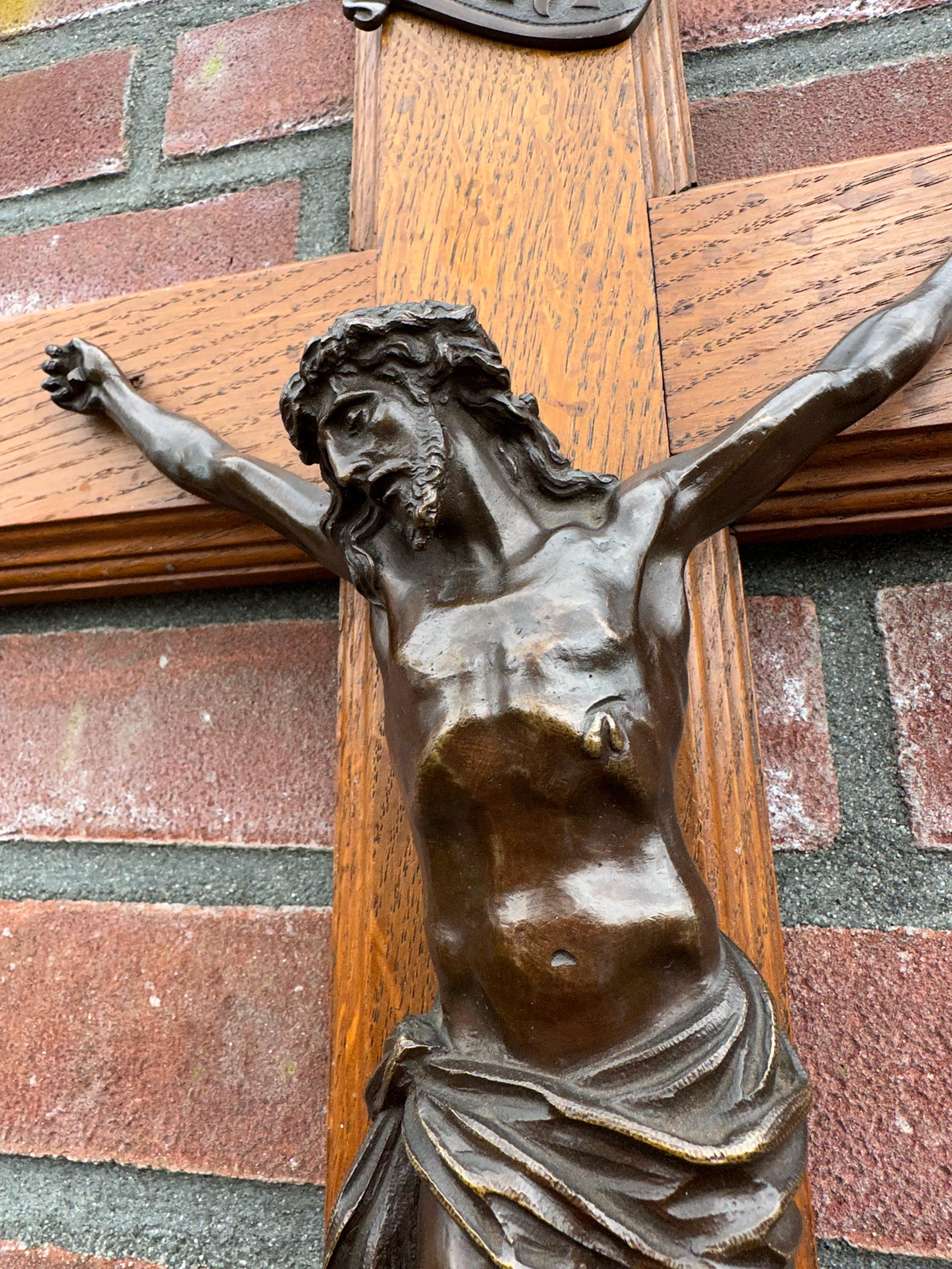Renaissance Revival Antique Crucifix w. Bronze Corpus and Stunning Hand Carved Oakwood Cross For Sale