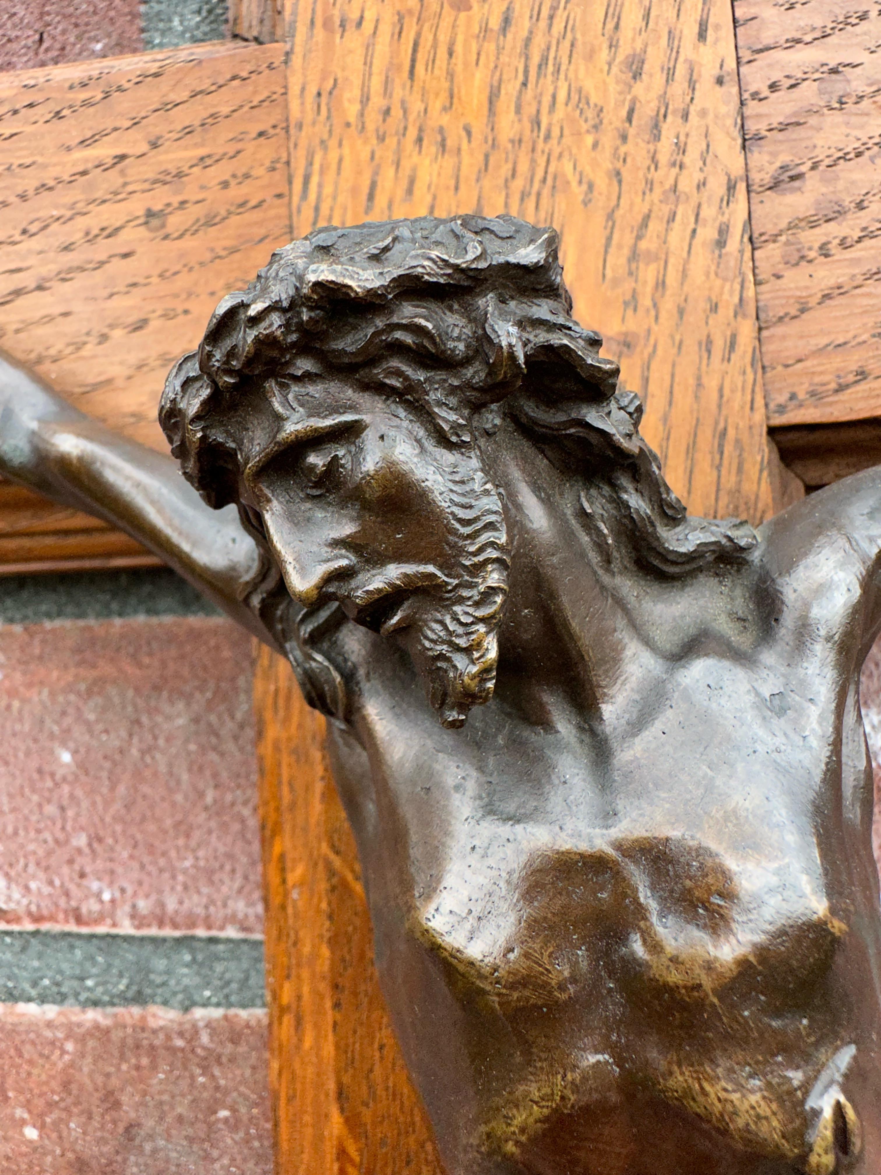 Hand-Carved Antique Crucifix w. Bronze Corpus and Stunning Hand Carved Oakwood Cross For Sale