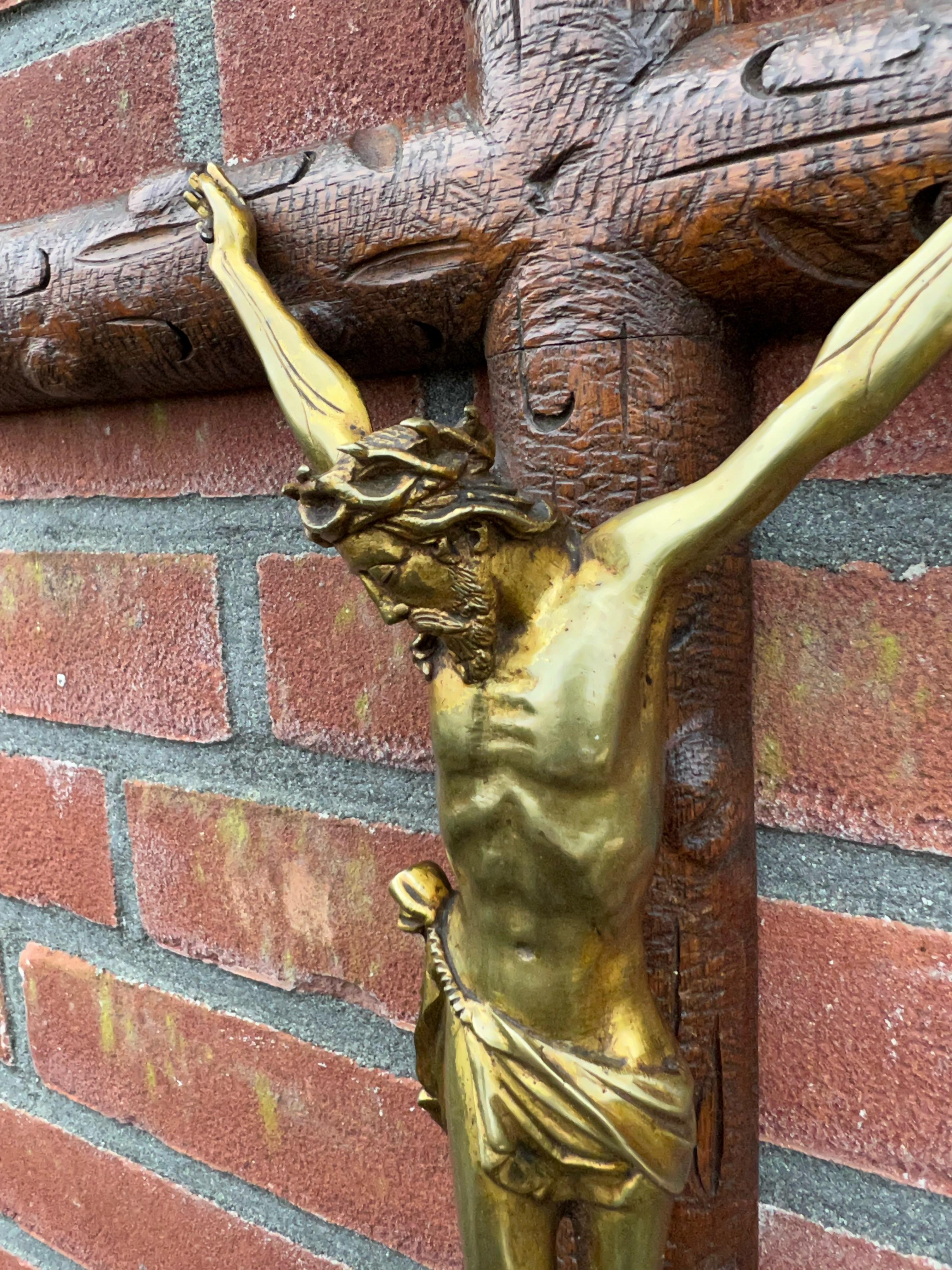 Antique Crucifix w. Fine Bronze Corpus and Stunning Hand Carved Nutwood Cross 6