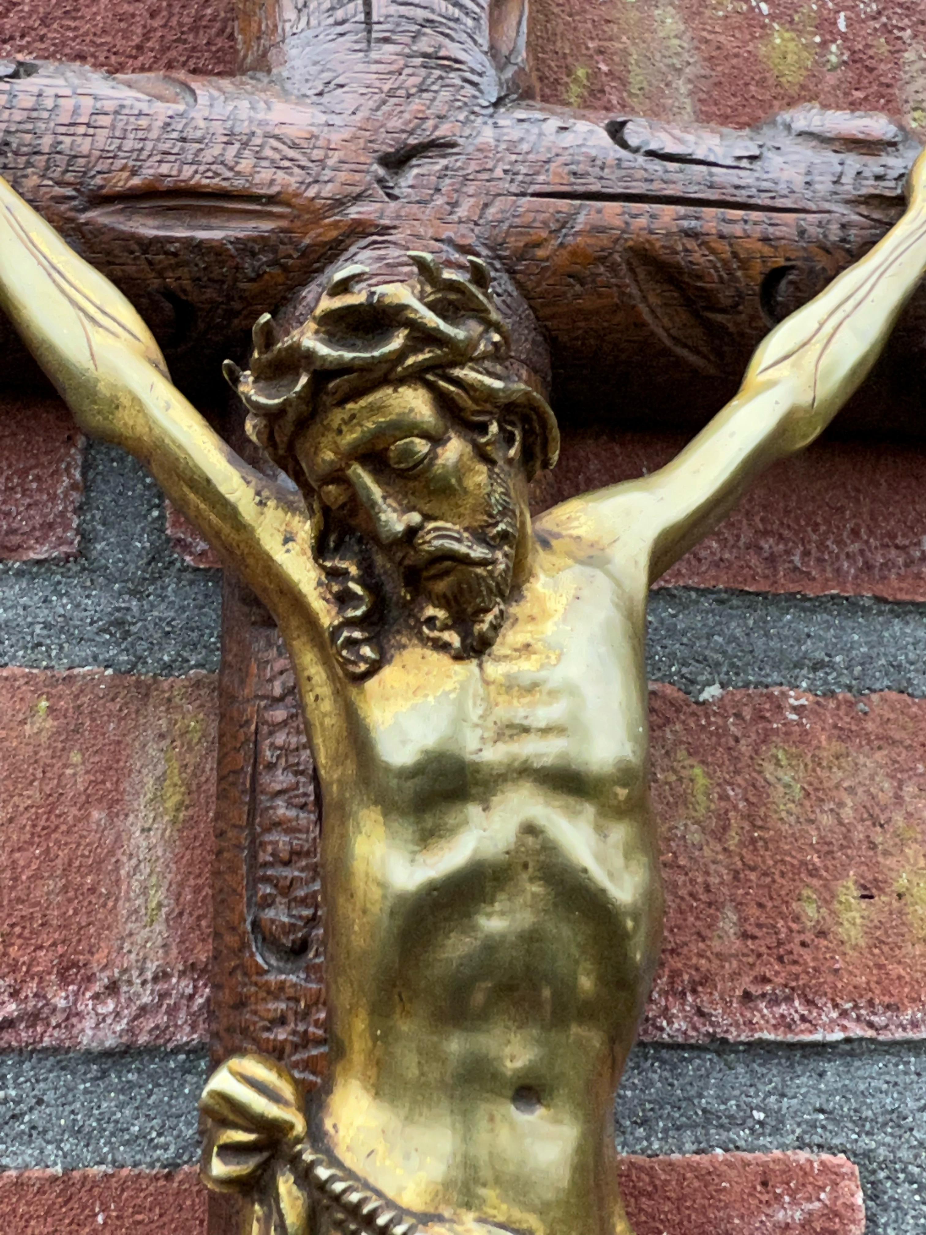 Antique Crucifix w. Fine Bronze Corpus and Stunning Hand Carved Nutwood Cross 11