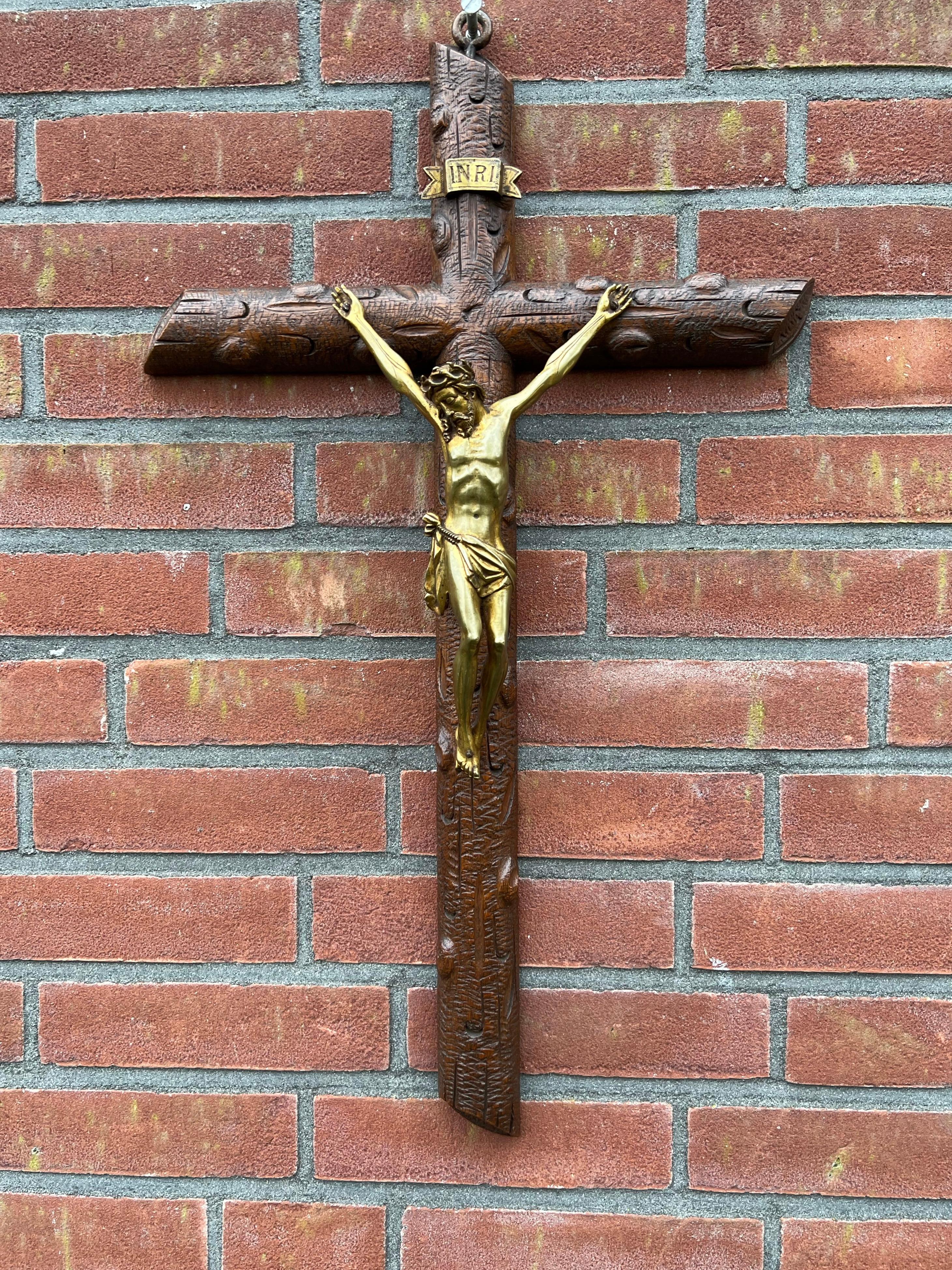 Antique Crucifix w. Fine Bronze Corpus and Stunning Hand Carved Nutwood Cross 12