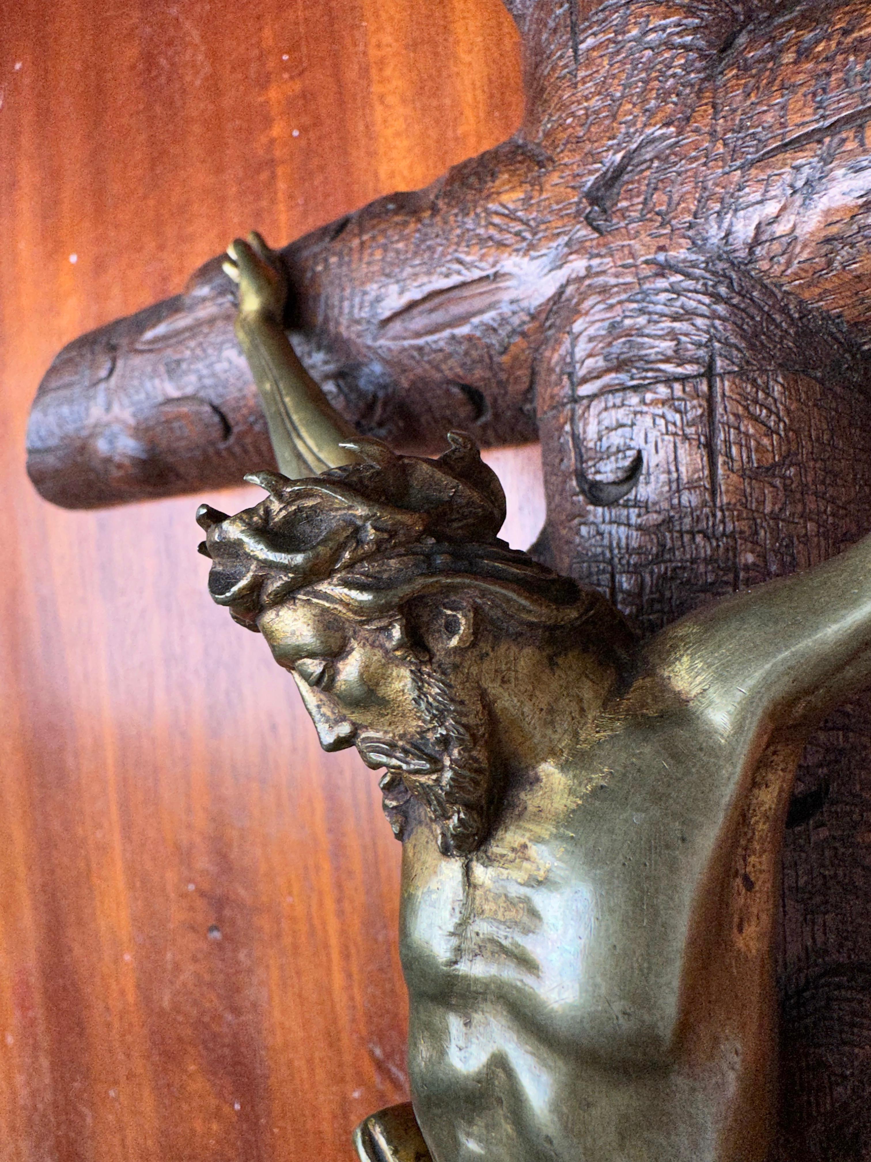 Antique Crucifix w. Fine Bronze Corpus and Stunning Hand Carved Nutwood Cross 13