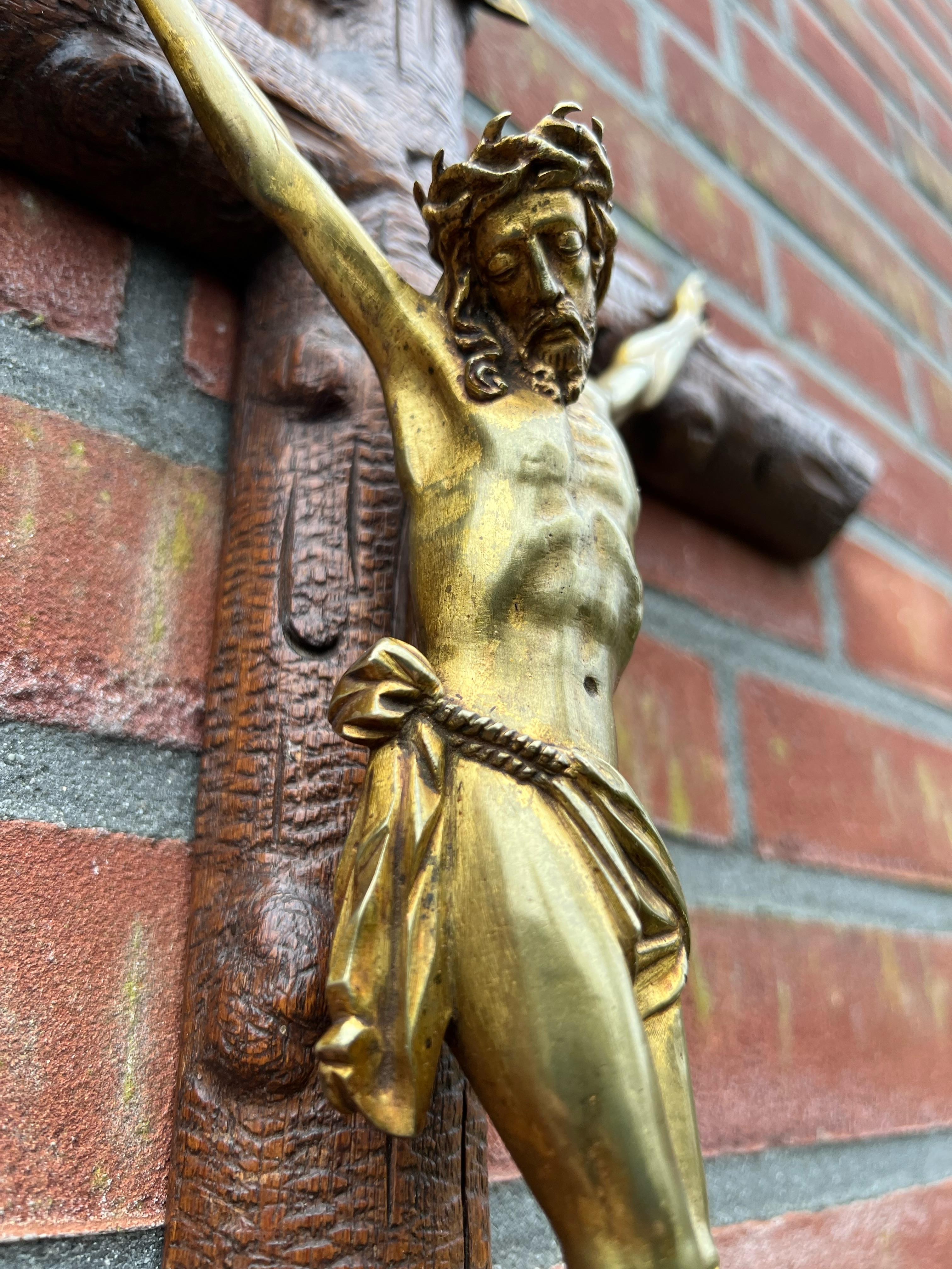 Gothic Revival Antique Crucifix w. Fine Bronze Corpus and Stunning Hand Carved Nutwood Cross