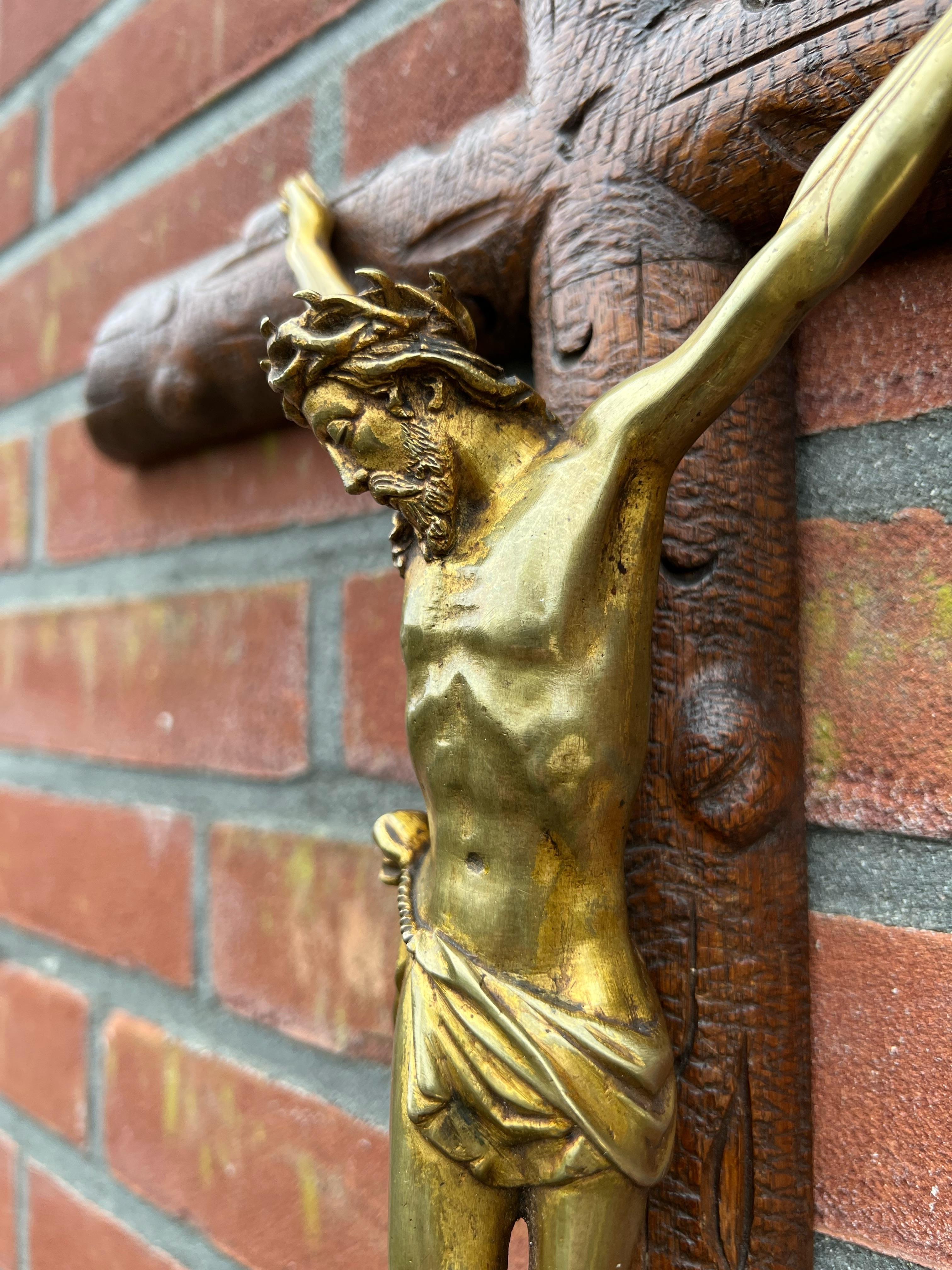 European Antique Crucifix w. Fine Bronze Corpus and Stunning Hand Carved Nutwood Cross