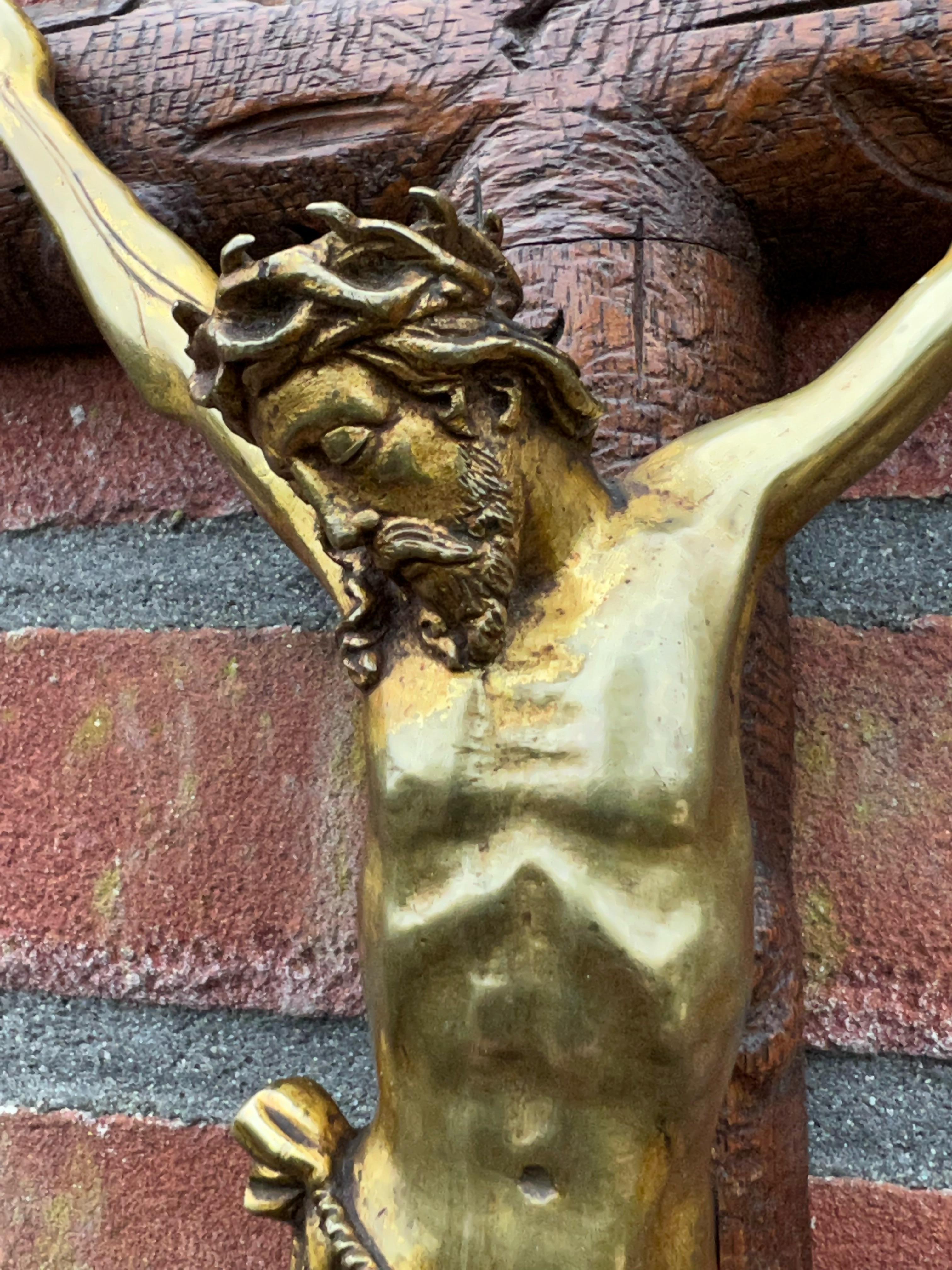 Hand-Carved Antique Crucifix w. Fine Bronze Corpus and Stunning Hand Carved Nutwood Cross