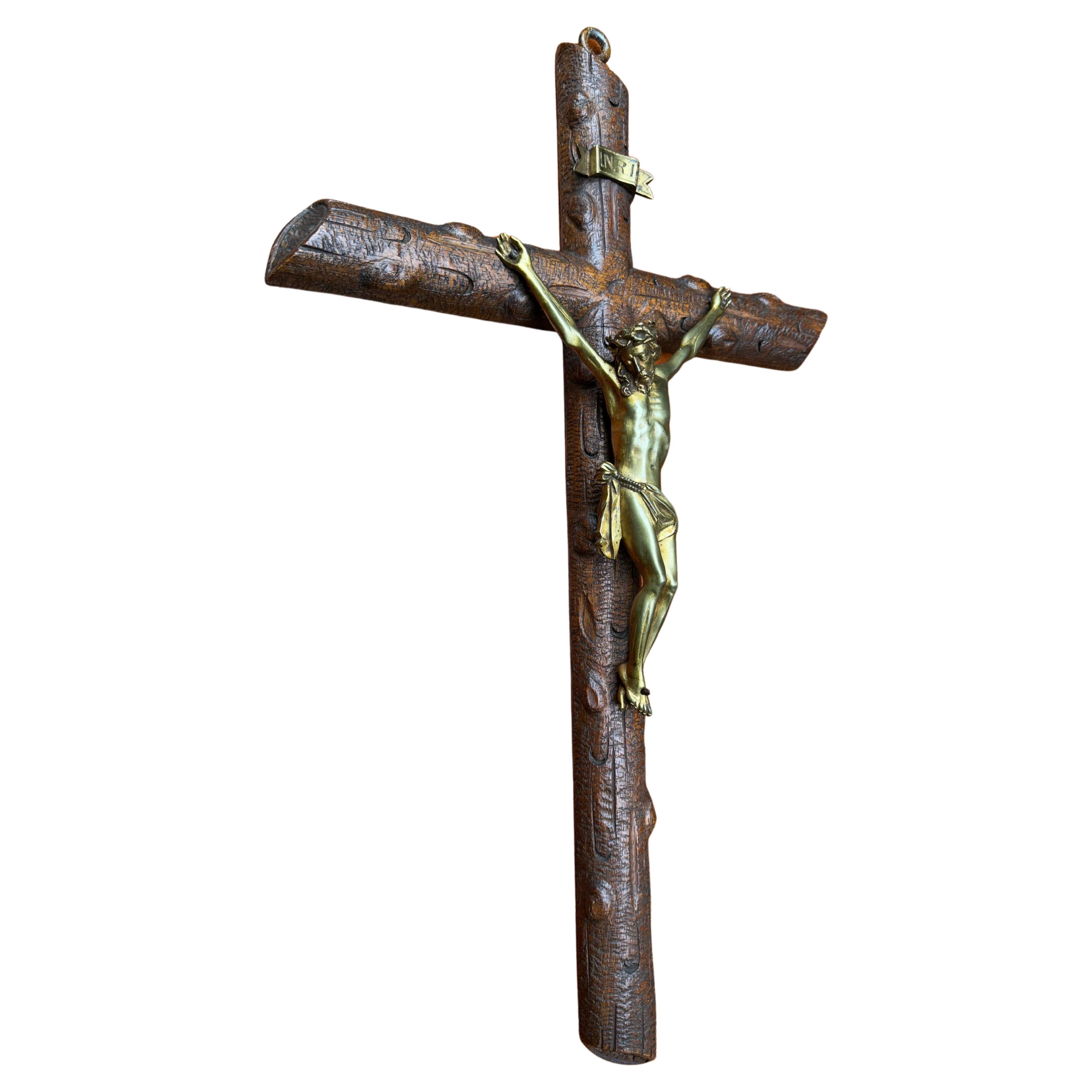 Antique Crucifix w. Fine Bronze Corpus and Stunning Hand Carved Nutwood Cross