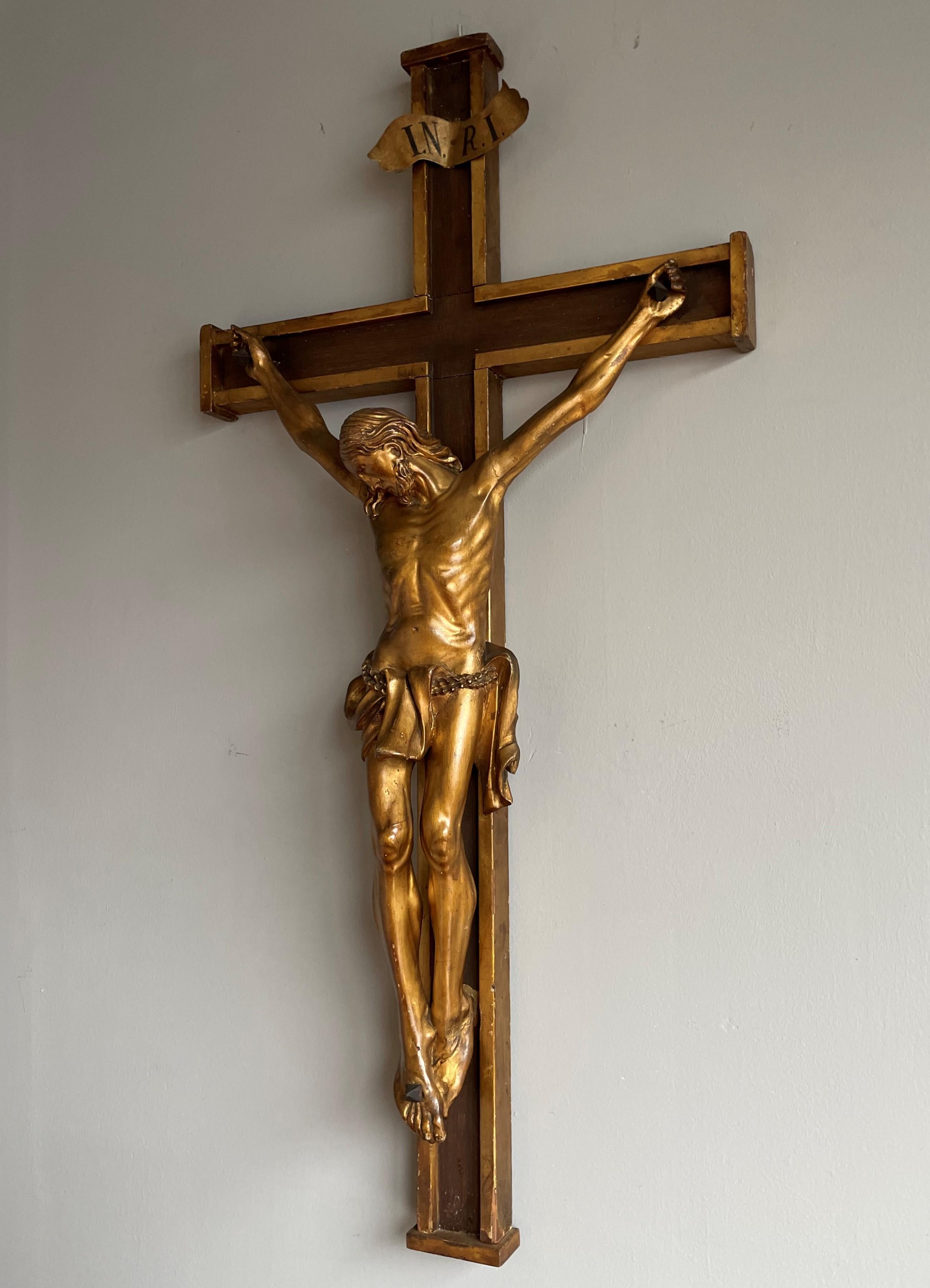 Antique Crucifix w. Gilt Wooden Corpus of Christ on A Partially Gilt Cross 1820s 3