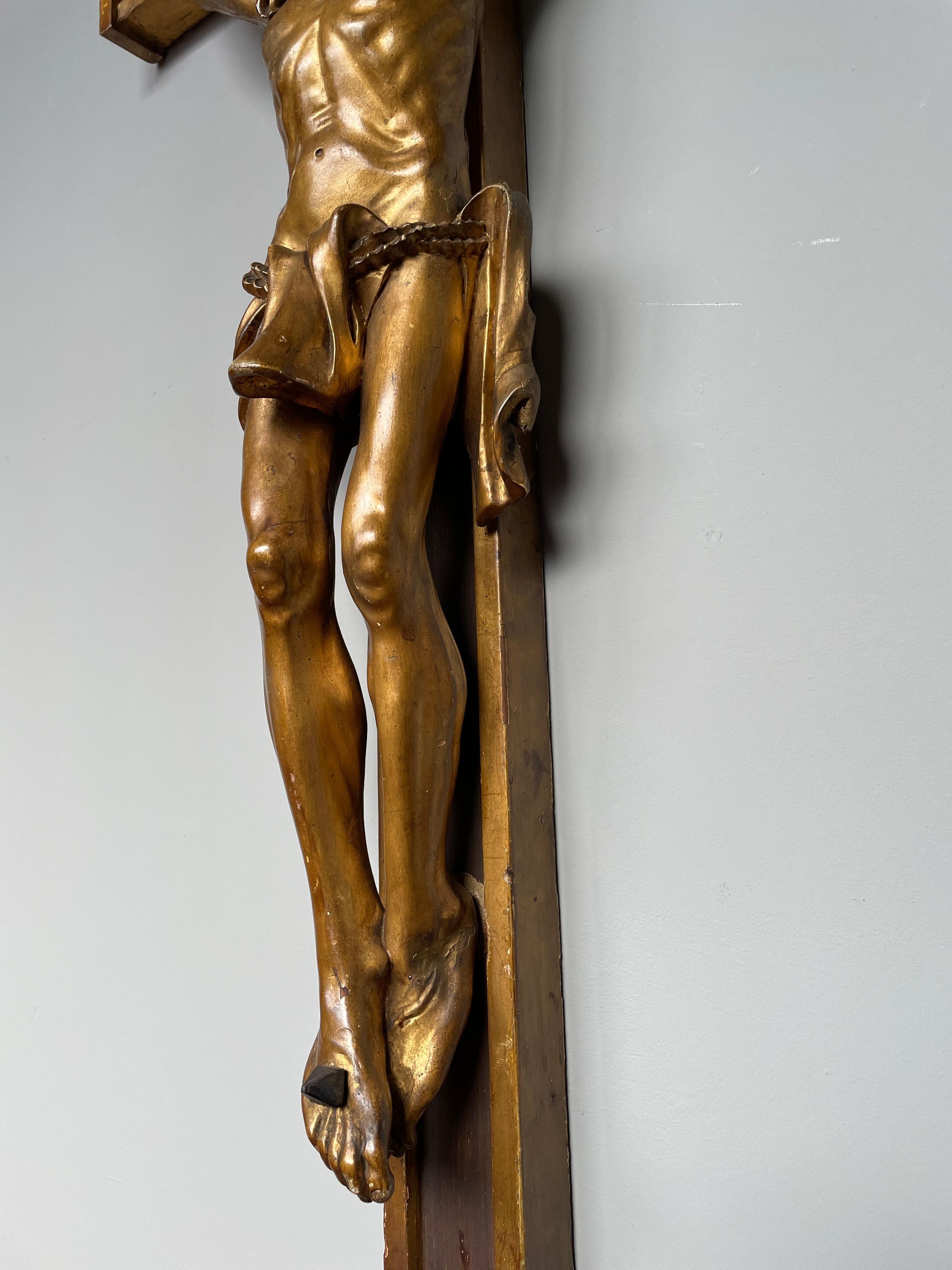 Antique Crucifix w. Gilt Wooden Corpus of Christ on A Partially Gilt Cross 1820s 4