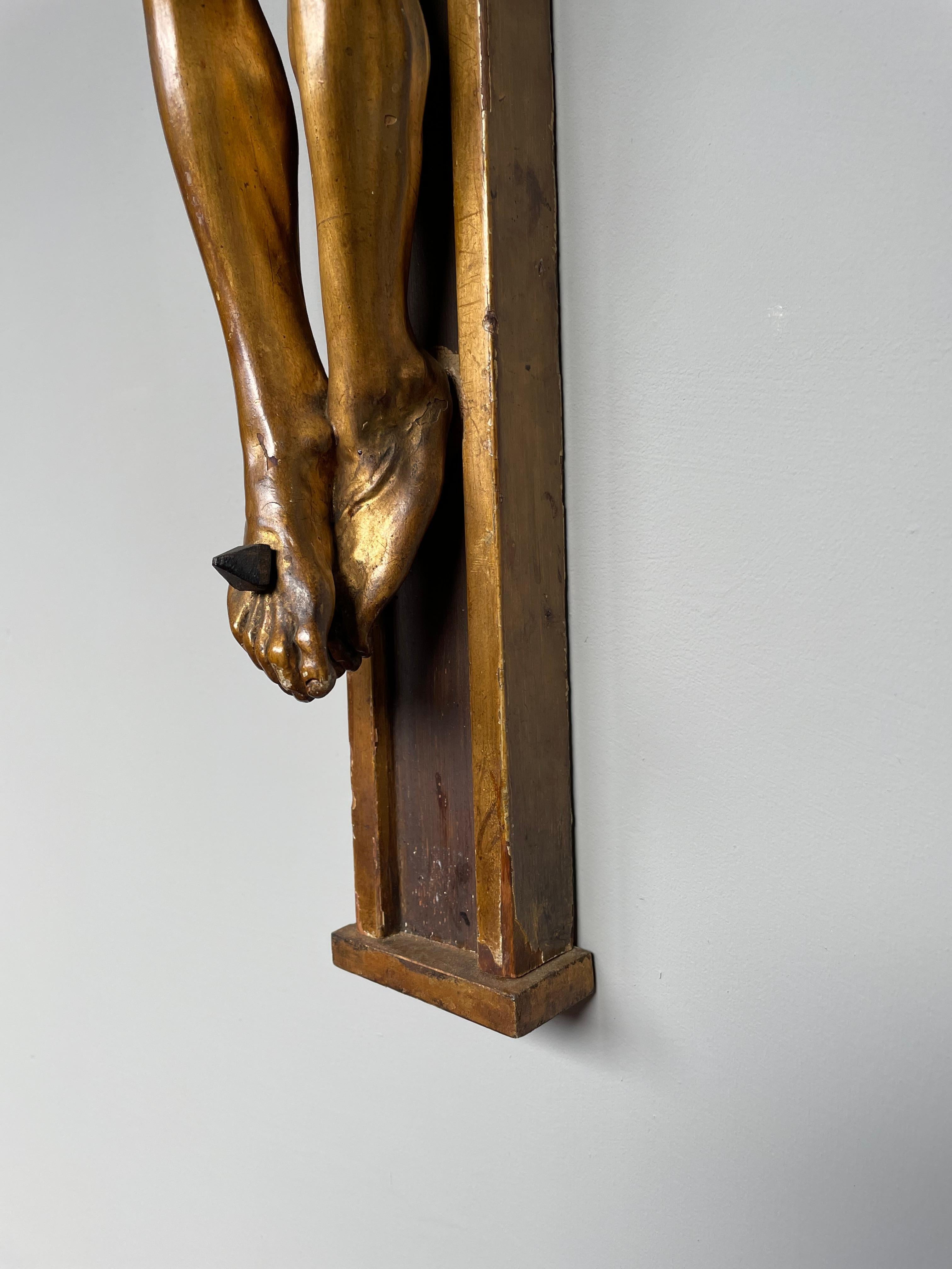 Antique Crucifix w. Gilt Wooden Corpus of Christ on A Partially Gilt Cross 1820s 5