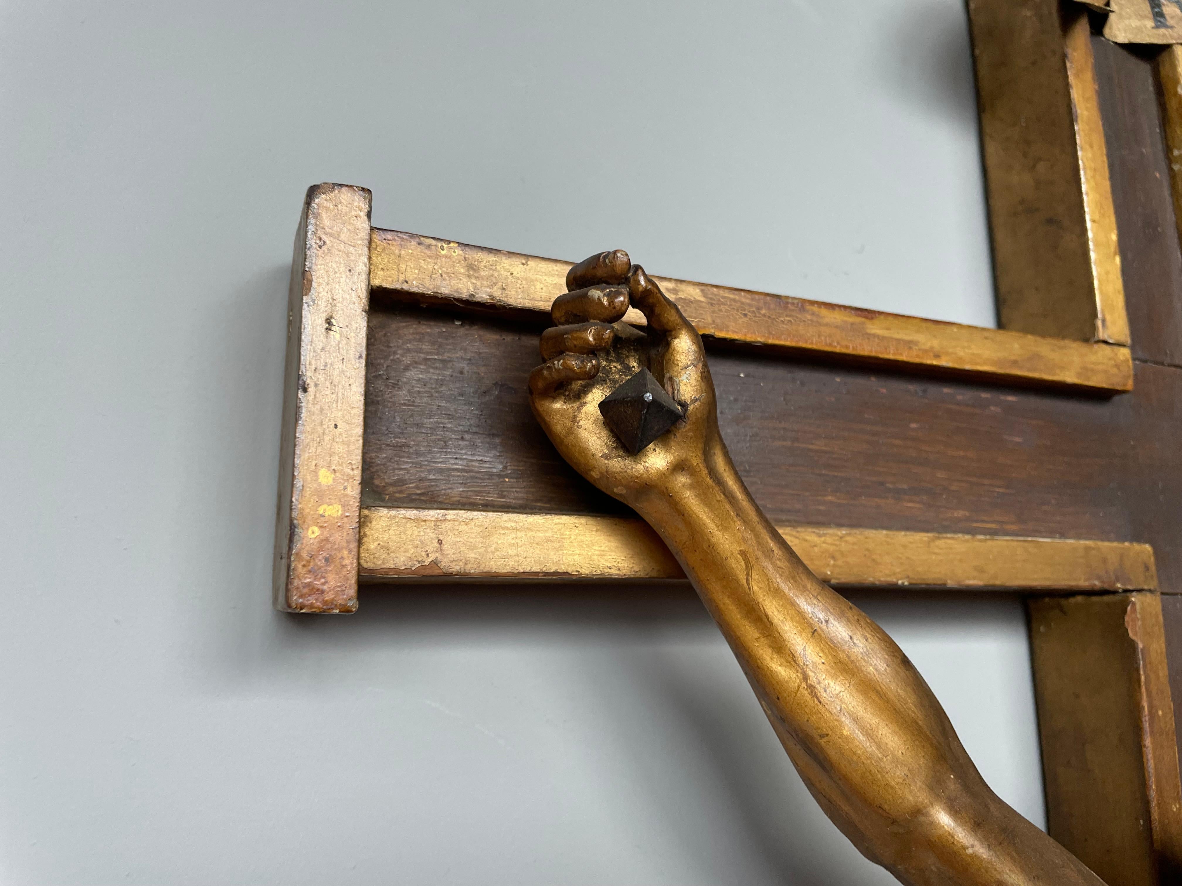 Antique Crucifix w. Gilt Wooden Corpus of Christ on A Partially Gilt Cross 1820s 8