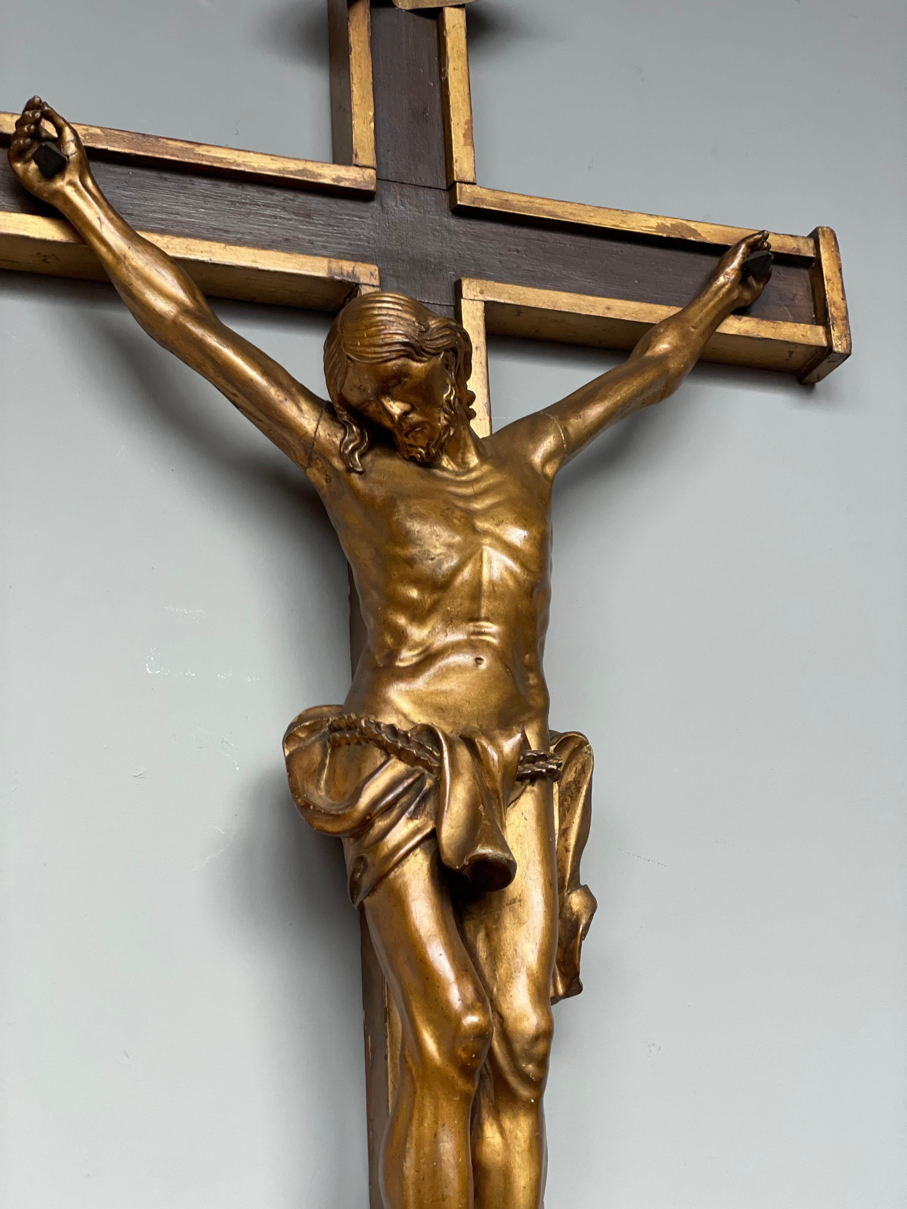 Antique Crucifix w. Gilt Wooden Corpus of Christ on A Partially Gilt Cross 1820s 9