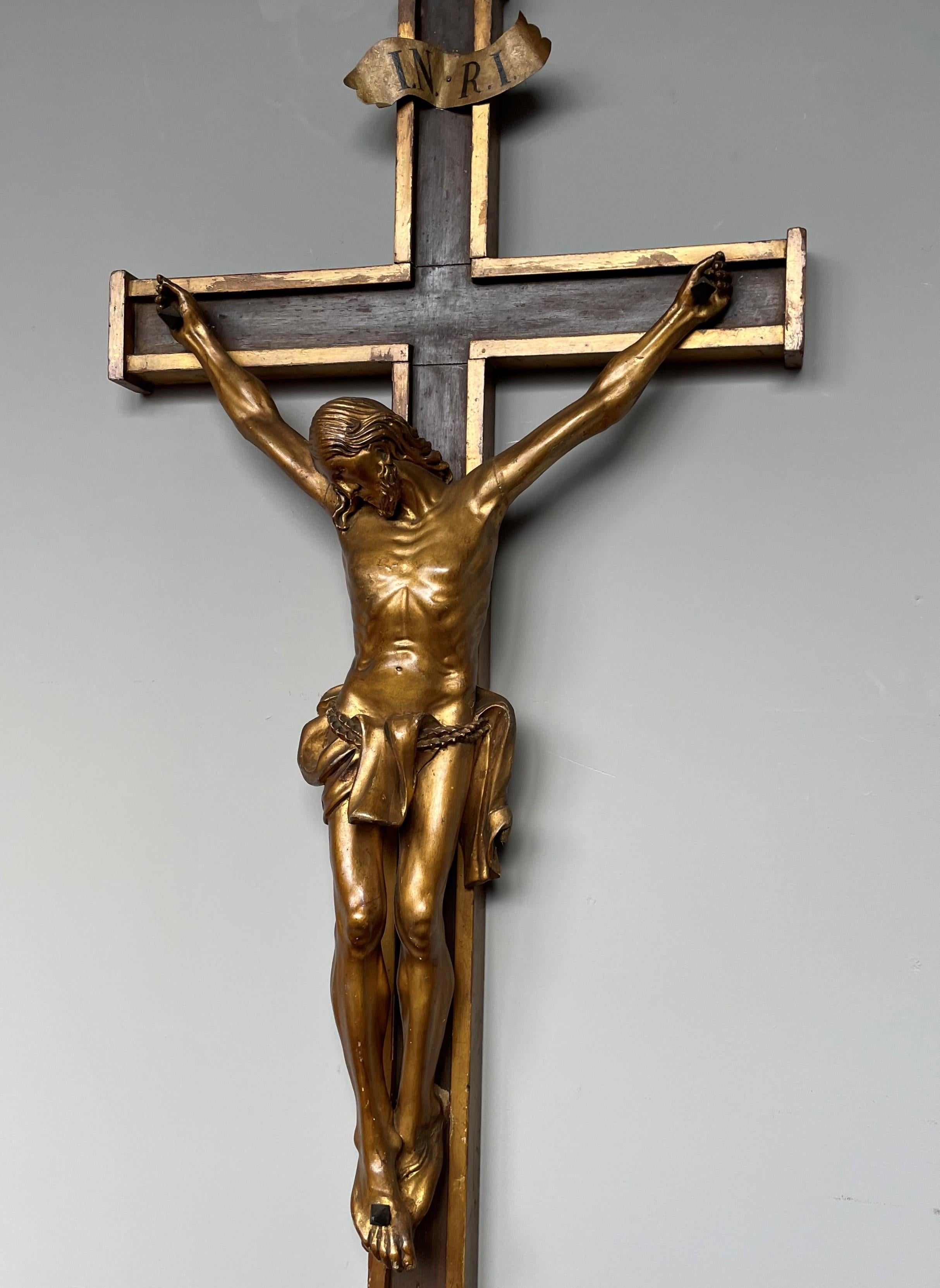 Antique Crucifix w. Gilt Wooden Corpus of Christ on A Partially Gilt Cross 1820s 11