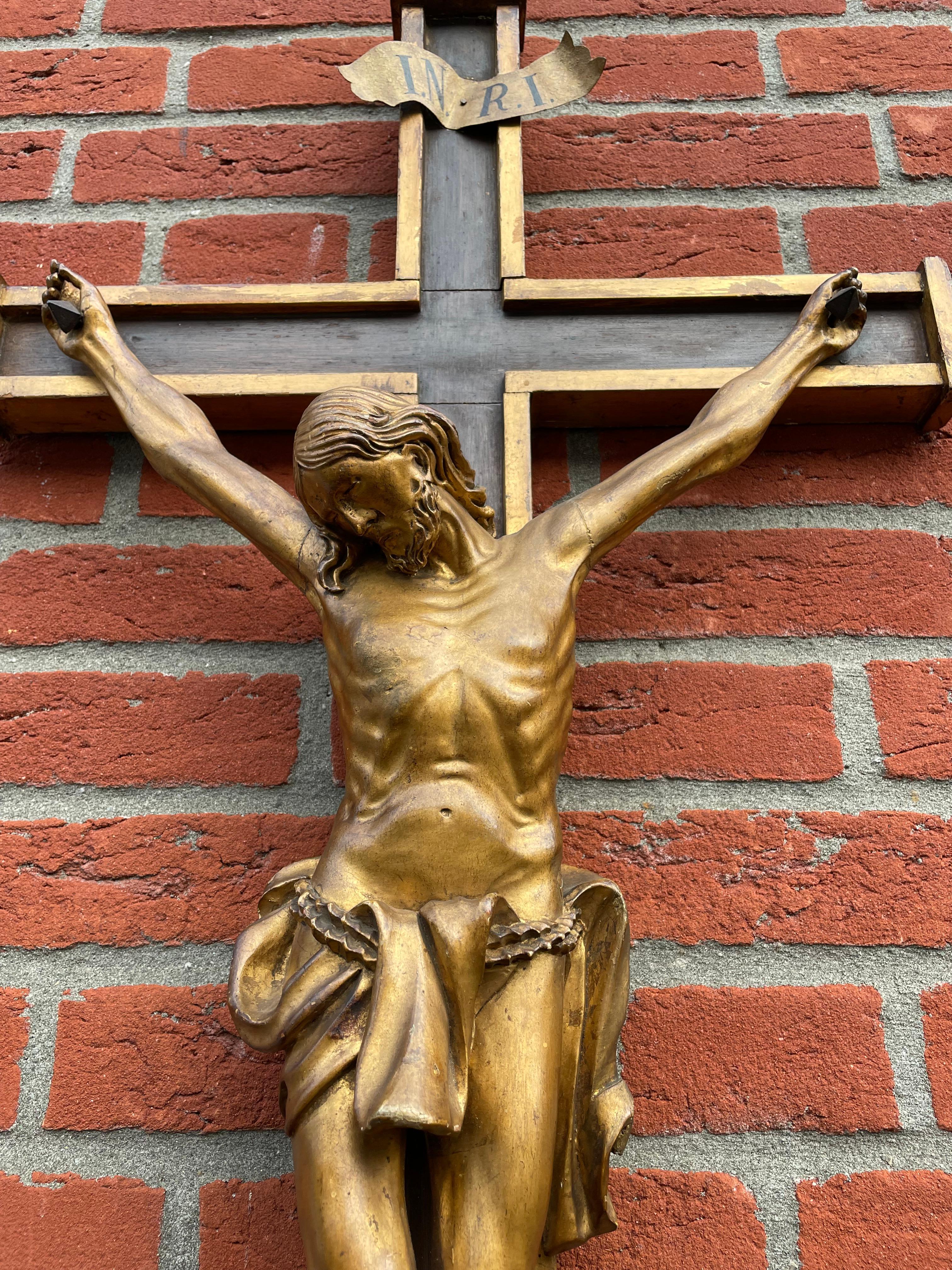 Antique Crucifix w. Gilt Wooden Corpus of Christ on A Partially Gilt Cross 1820s 13