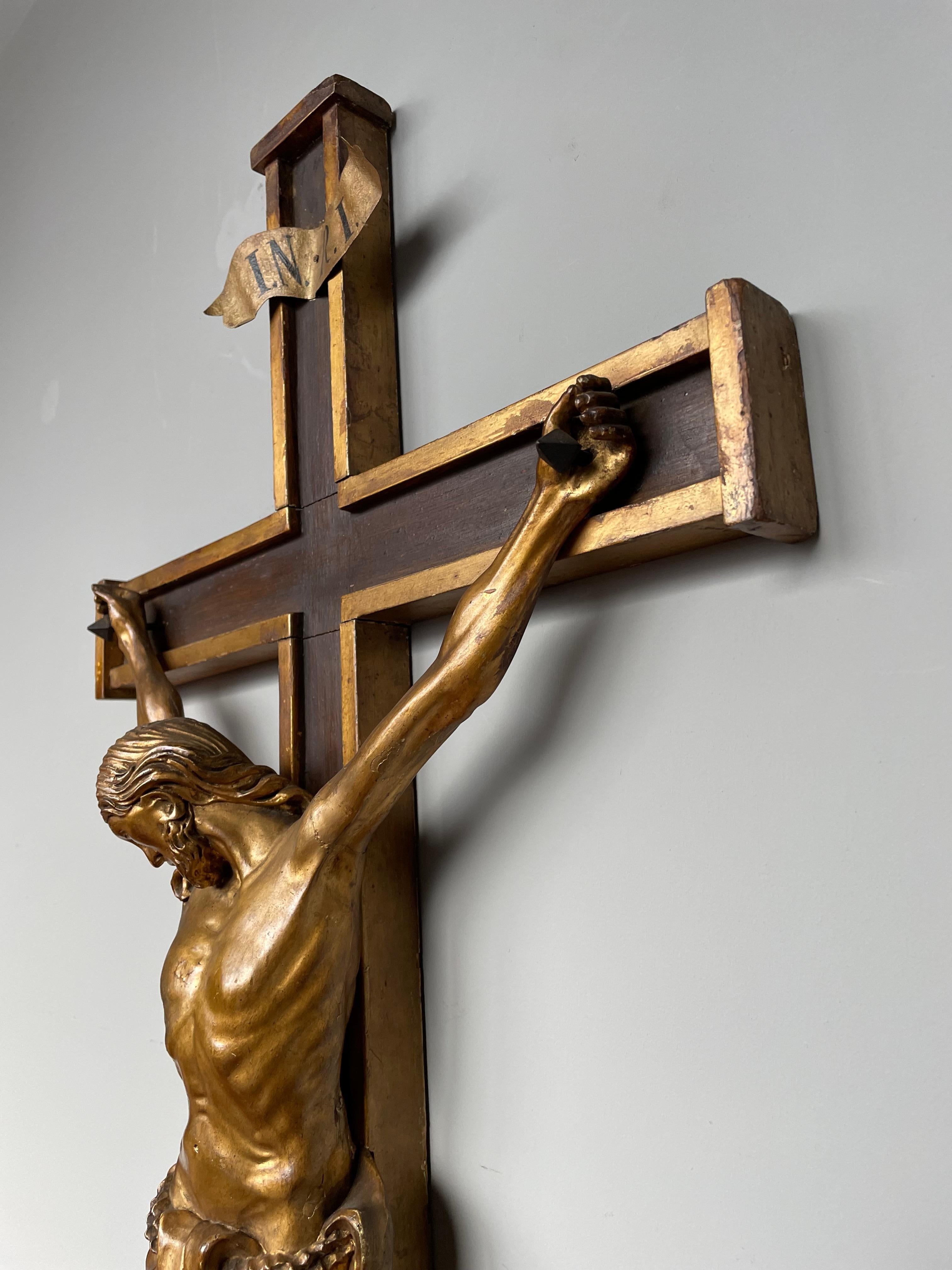 Gothic Revival Antique Crucifix w. Gilt Wooden Corpus of Christ on A Partially Gilt Cross 1820s