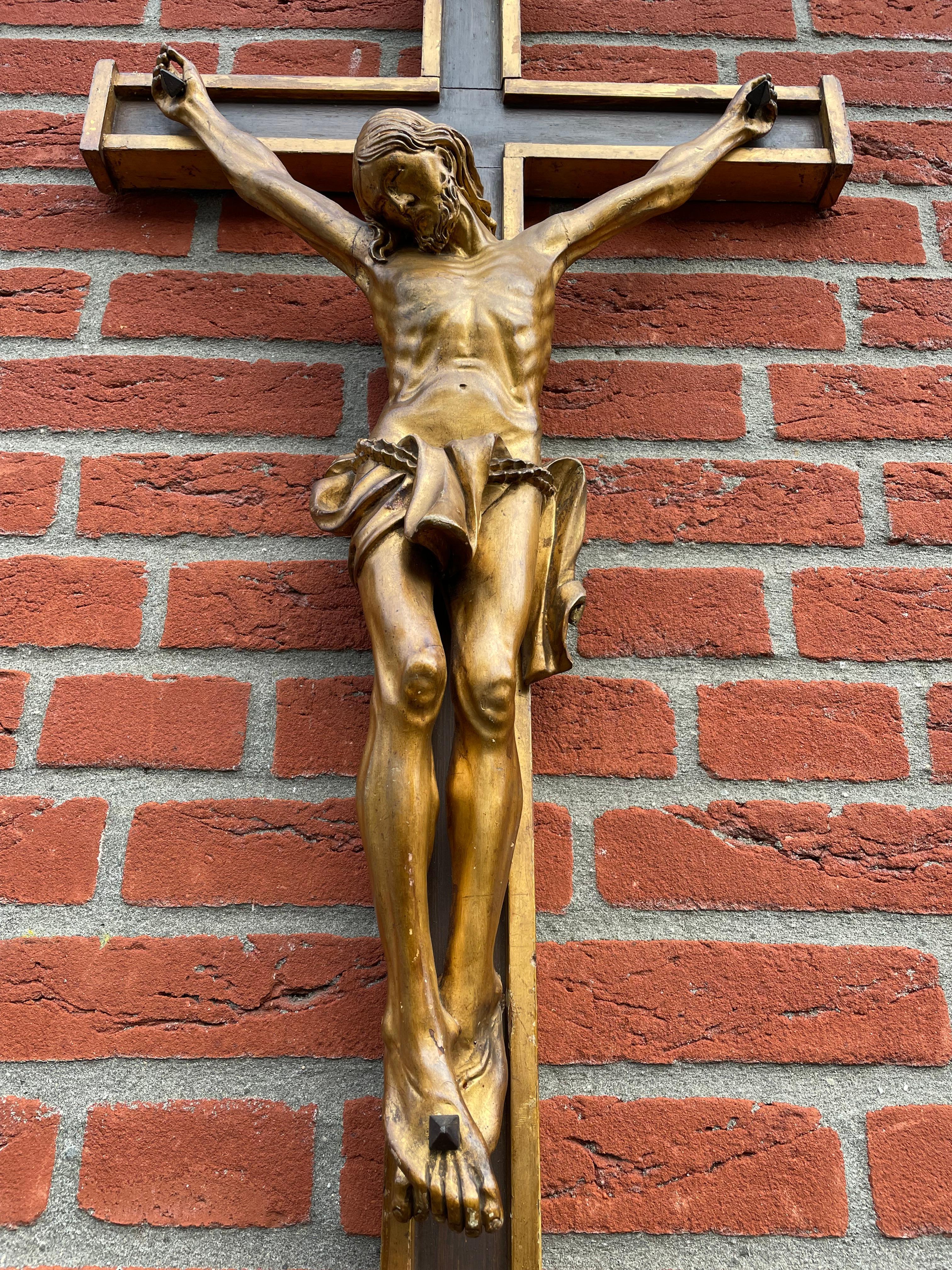 19th Century Antique Crucifix w. Gilt Wooden Corpus of Christ on A Partially Gilt Cross 1820s