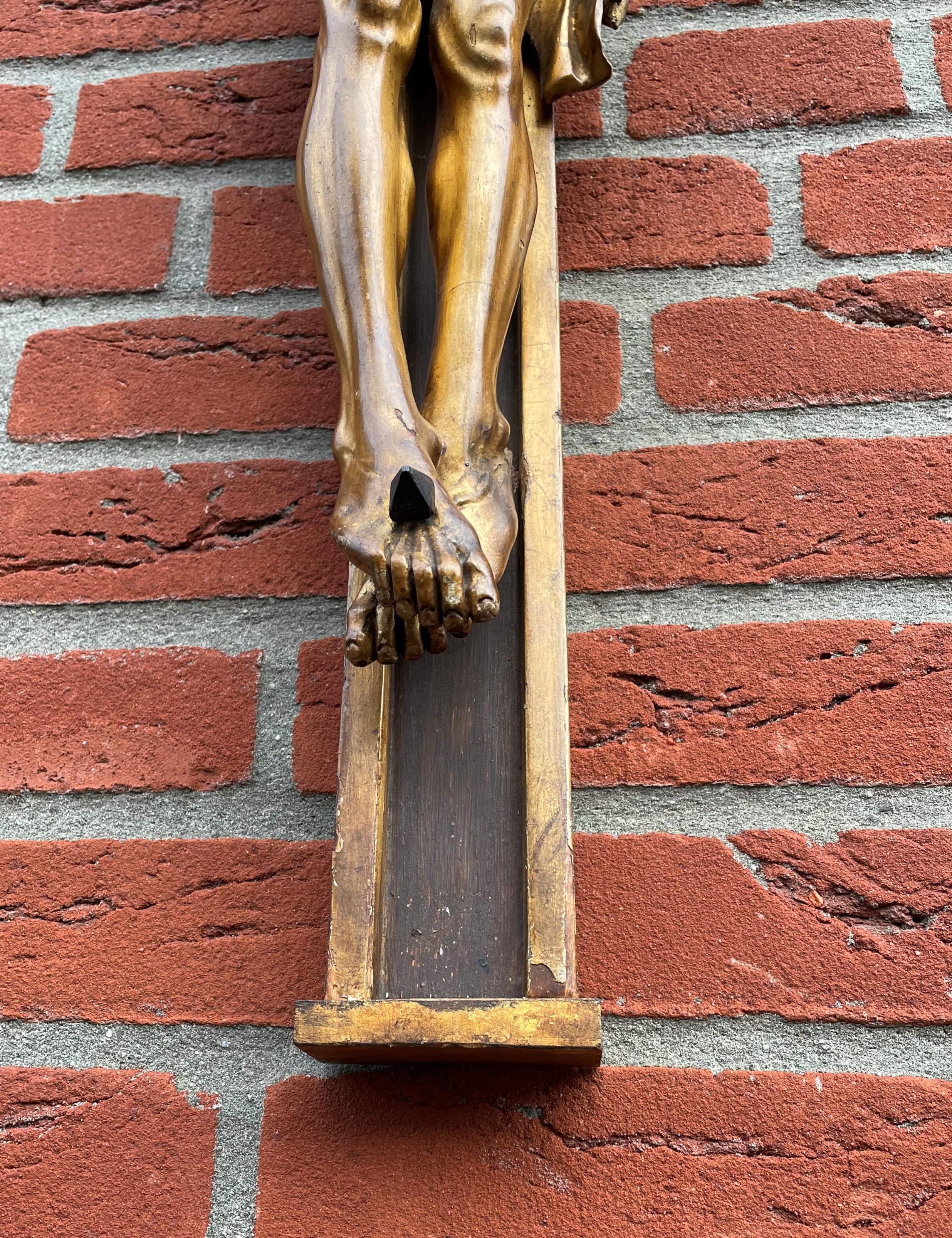 Metal Antique Crucifix w. Gilt Wooden Corpus of Christ on A Partially Gilt Cross 1820s