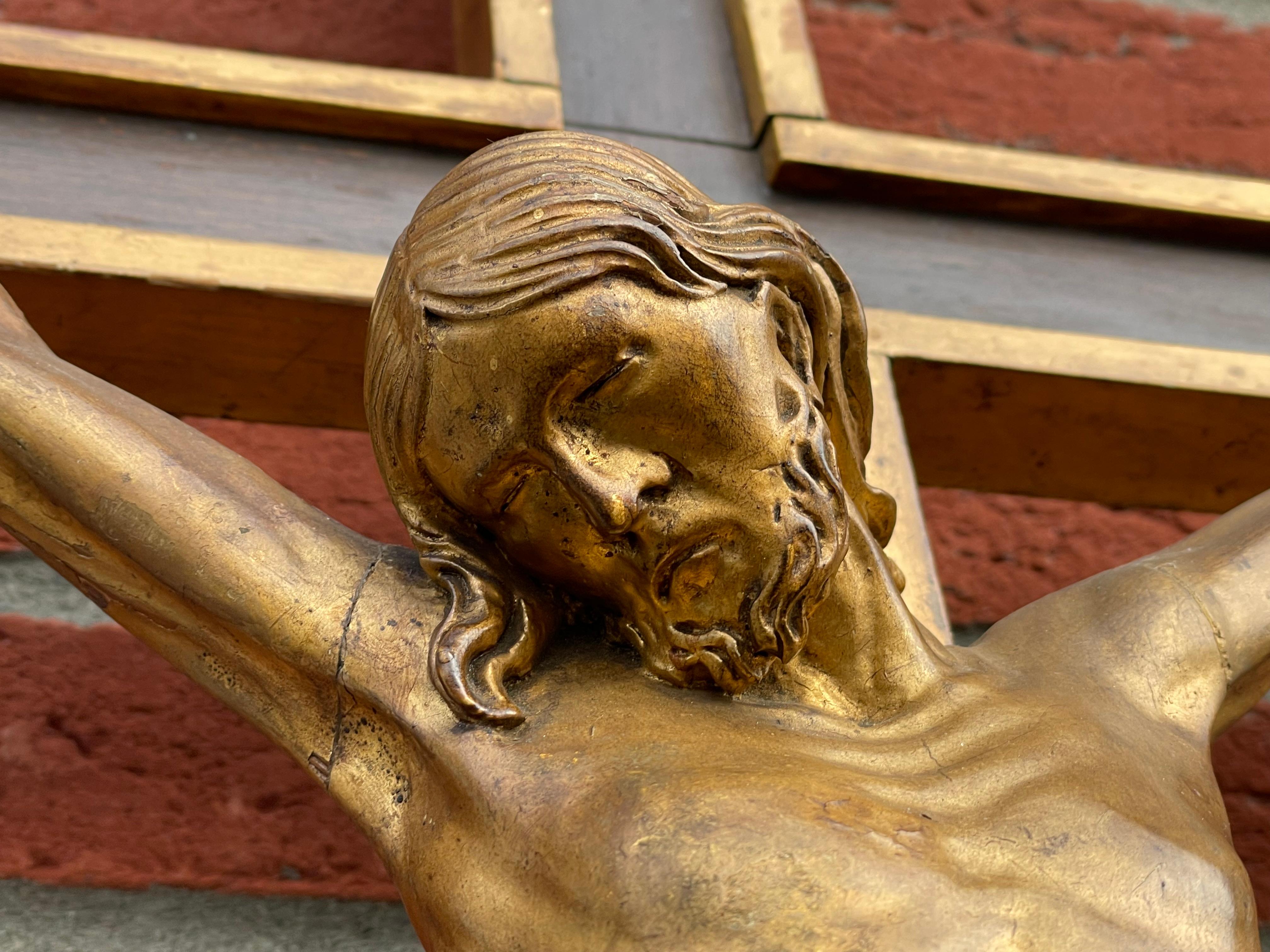 Antique Crucifix w. Gilt Wooden Corpus of Christ on A Partially Gilt Cross 1820s 1