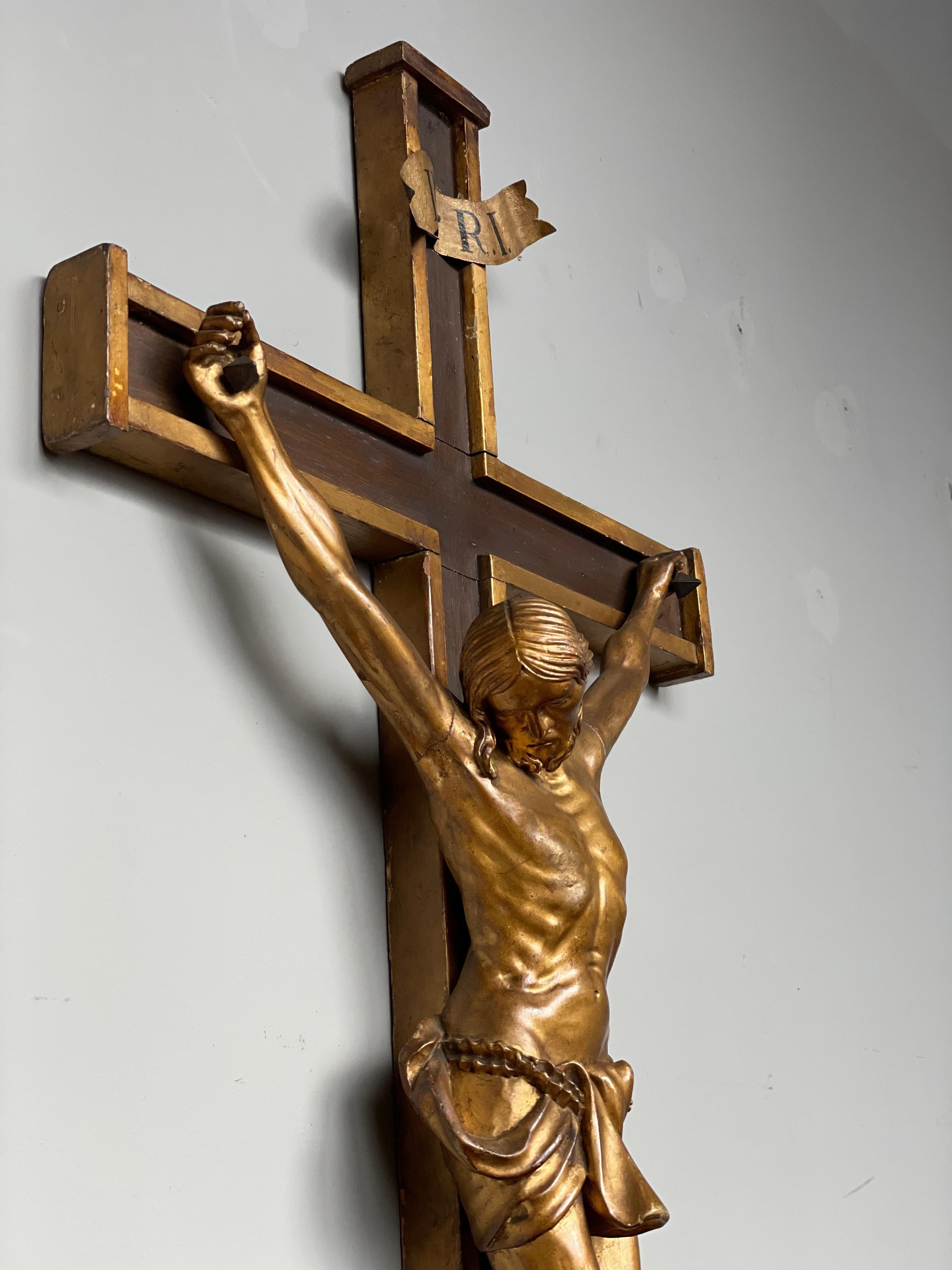 Antique Crucifix w. Gilt Wooden Corpus of Christ on A Partially Gilt Cross 1820s 2