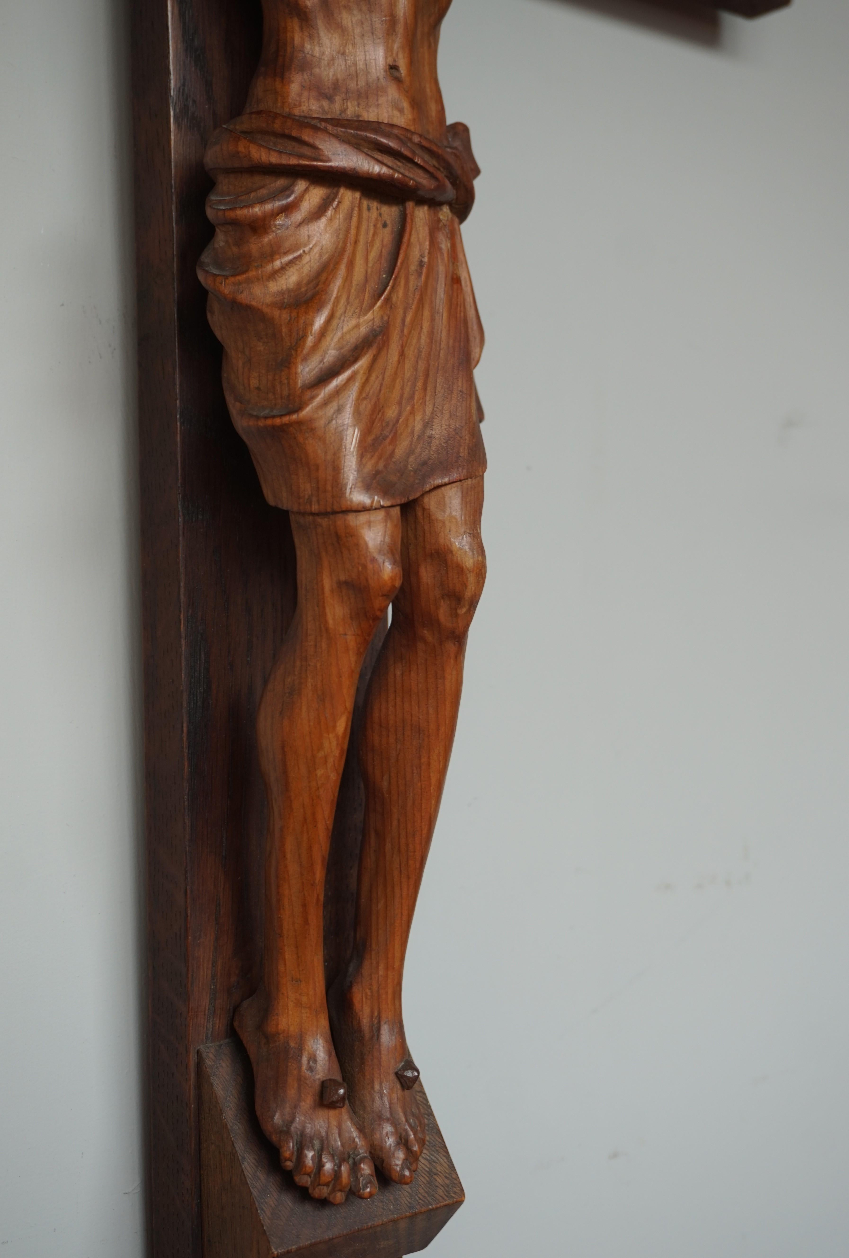 20th Century Antique Crucifix w. Quality Hand Carved Jesus Sculpture & King of the Jews Sign