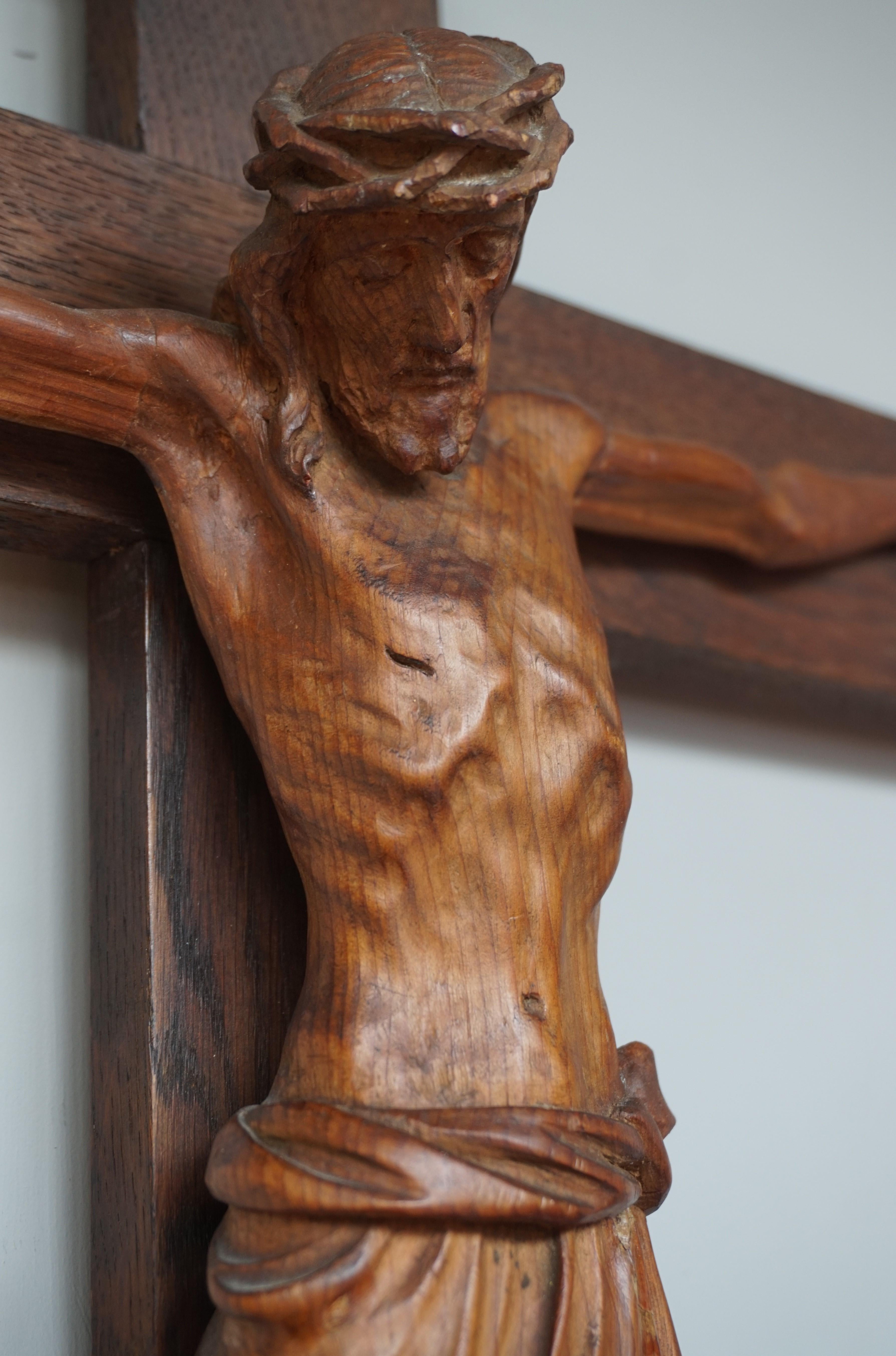 Antique Crucifix w. Quality Hand Carved Jesus Sculpture & King of the Jews Sign 1