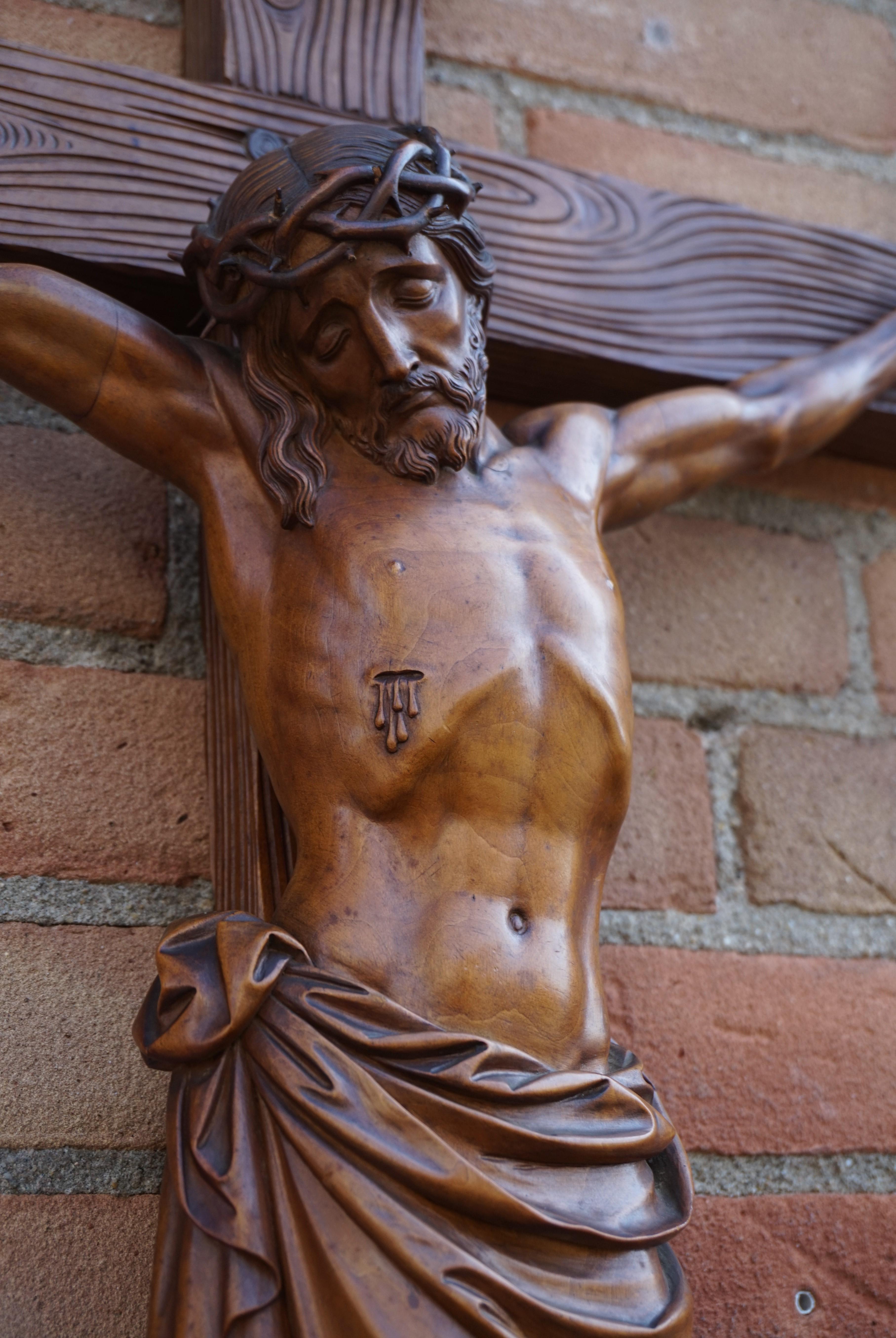 Antique Crucifix w. Stunning Hand Carved Jesus Sculpture & King of the Jews Sign 6