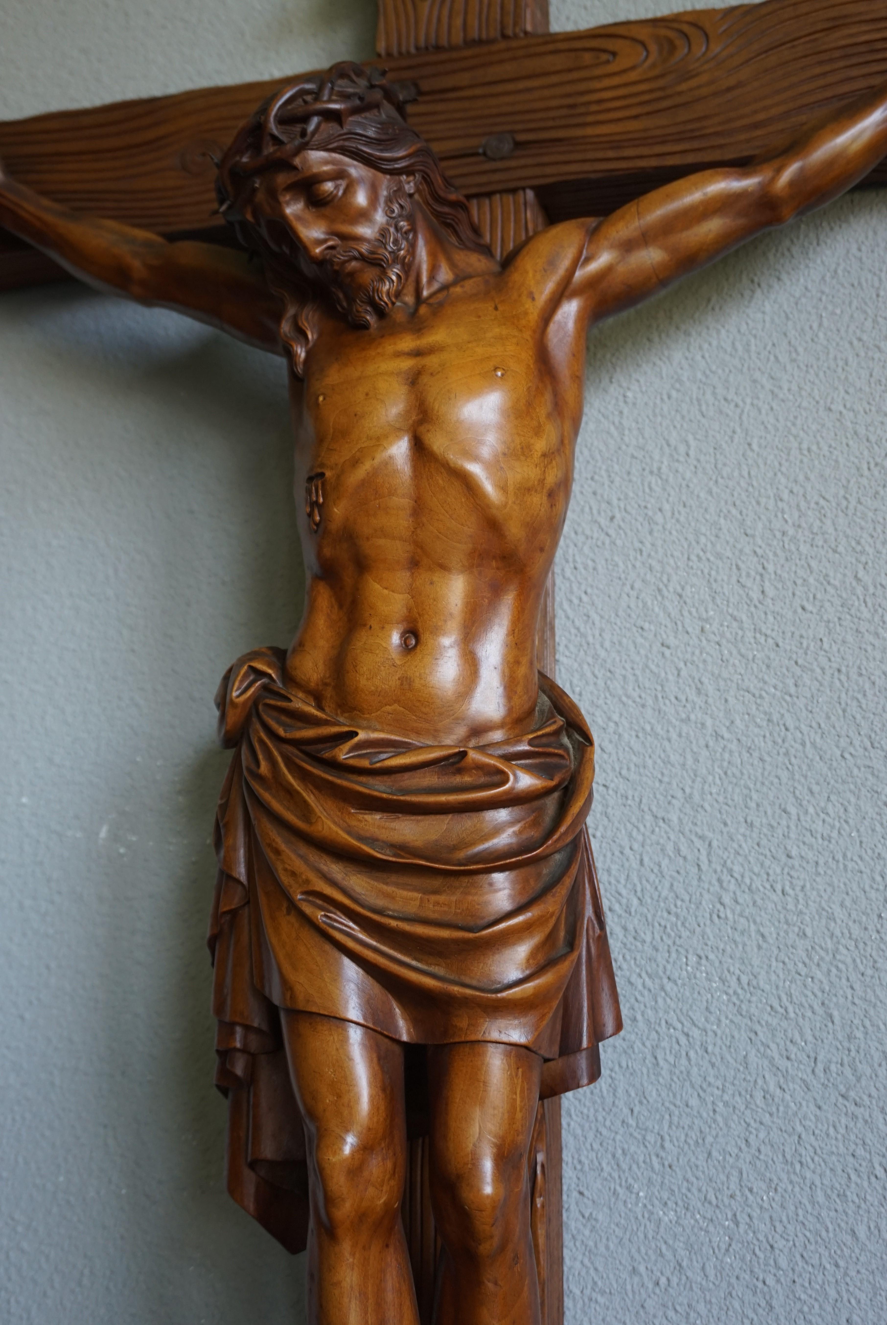 Antique Crucifix w. Stunning Hand Carved Jesus Sculpture & King of the Jews Sign 7