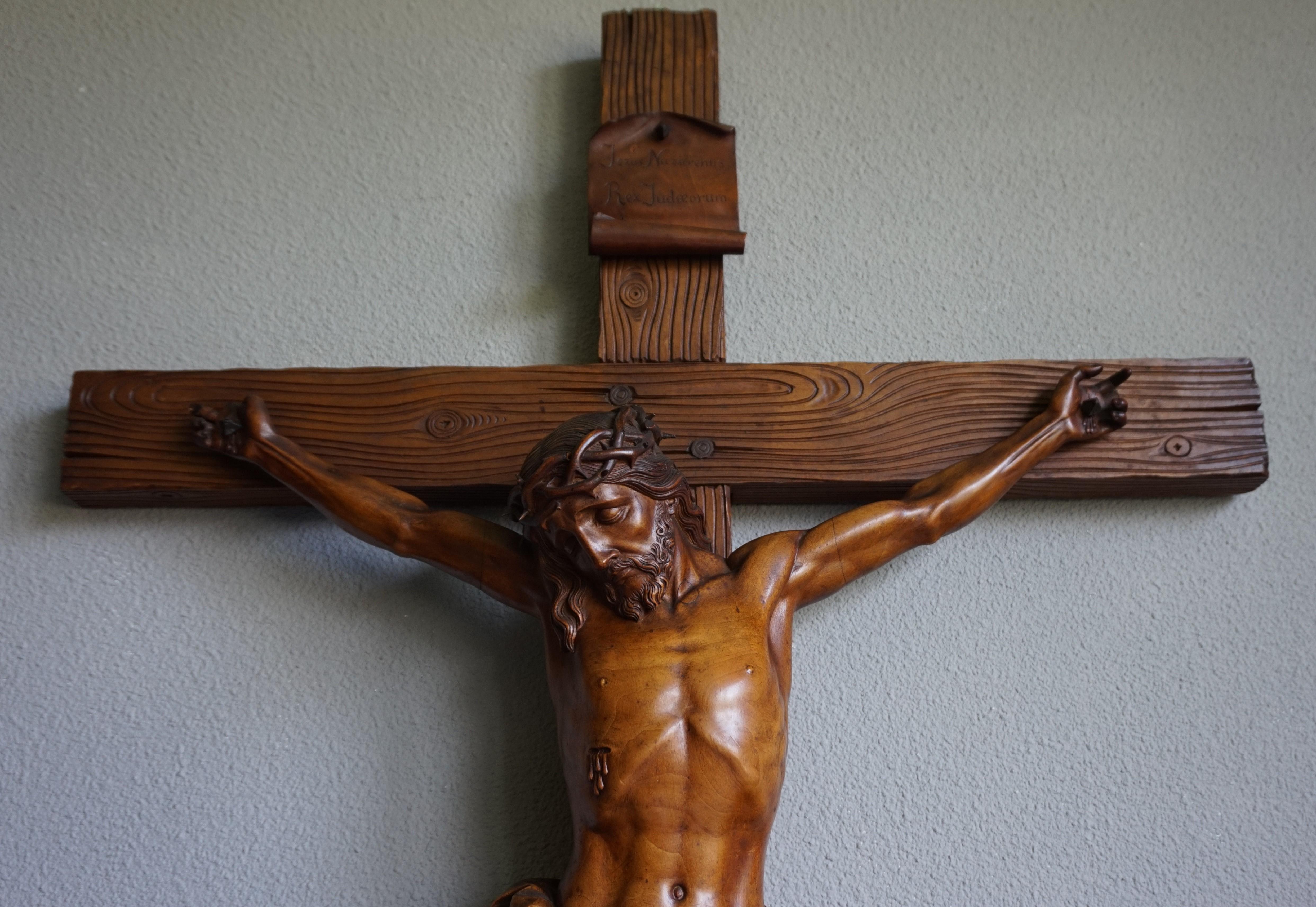 Antique Crucifix w. Stunning Hand Carved Jesus Sculpture & King of the Jews Sign 9