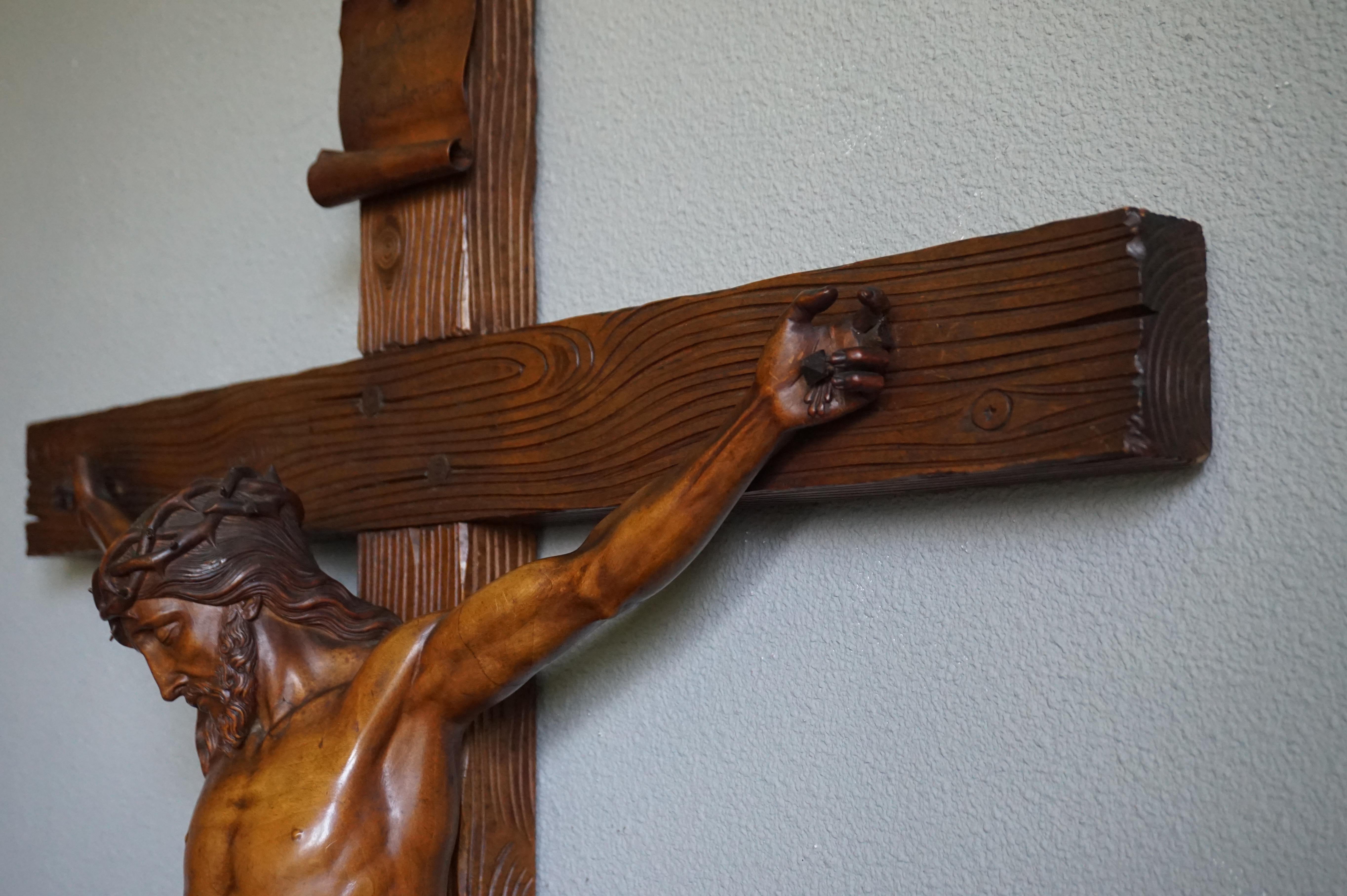 Renaissance Revival Antique Crucifix w. Stunning Hand Carved Jesus Sculpture & King of the Jews Sign