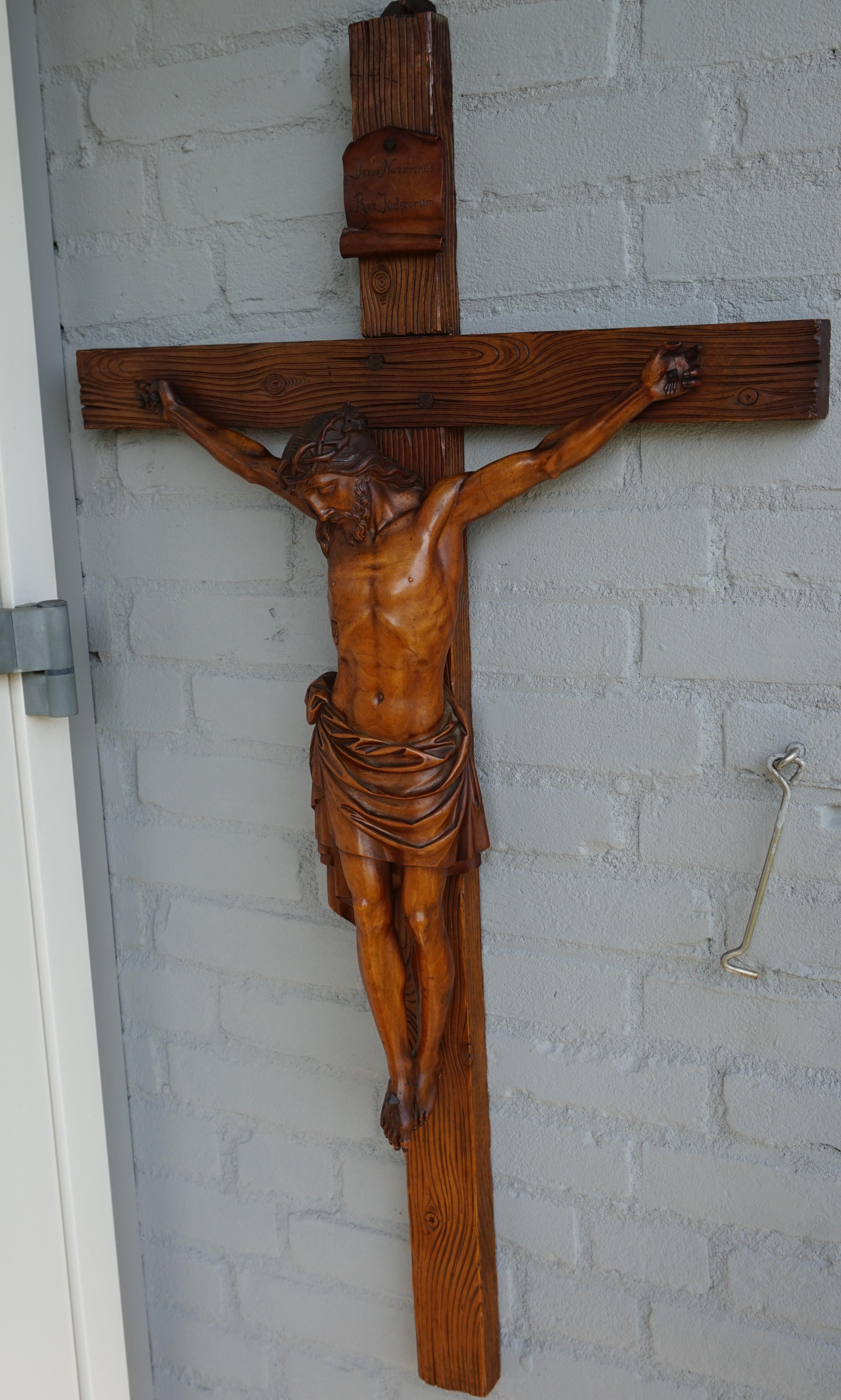Patinated Antique Crucifix w. Stunning Hand Carved Jesus Sculpture & King of the Jews Sign