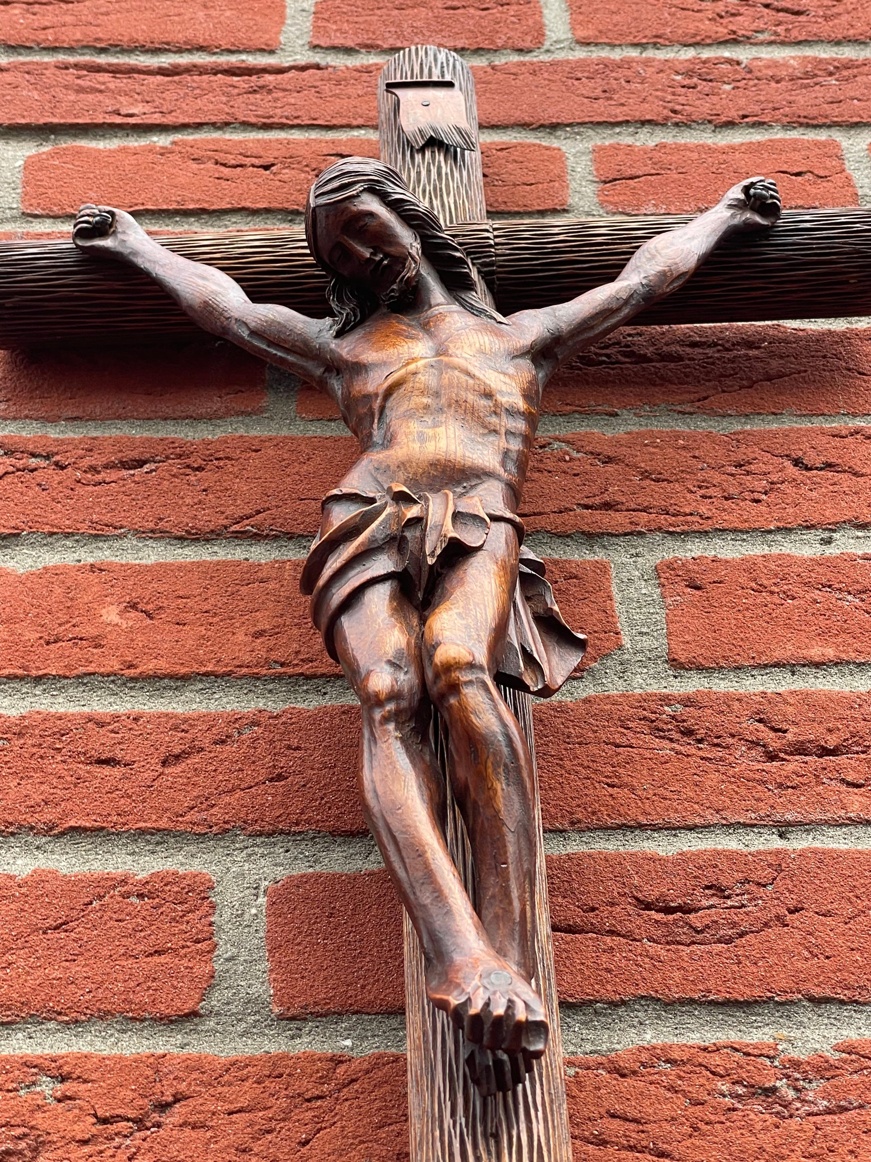 20th Century Antique Crucifix with A Unique Tree Trunk Style Wooden Cross & Corpus of Christ For Sale