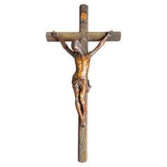 Antique Crucifix with A Unique Tree Trunk Style Wooden Cross & Corpus of Christ