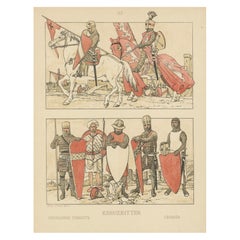 Antique Crusading Knights Plate, Hand-Colored Medieval Print c.1880