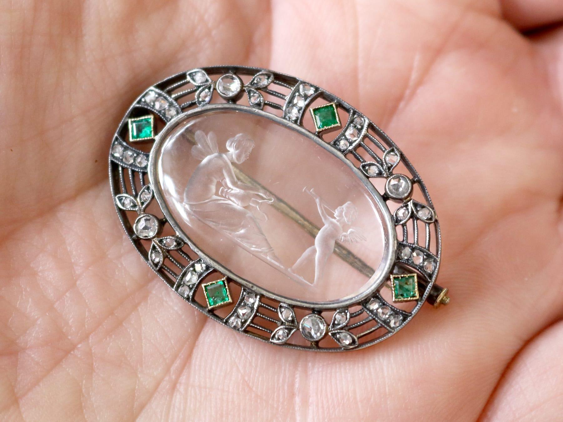 Square Cut Antique Crystal, 0.14 Carat Emerald, 0.58 Carat Diamond 18k Yellow Gold Brooch For Sale